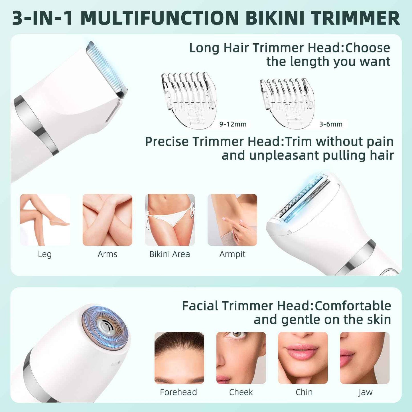 Bilitase Bikini Trimmer for Women,3-in-1 Electric Shaver for Women,Rechargeable Painless Pubic&Facial Razor for Sensitive Skin,Lip,Arms,Legs with LED Display (Gradient Green)