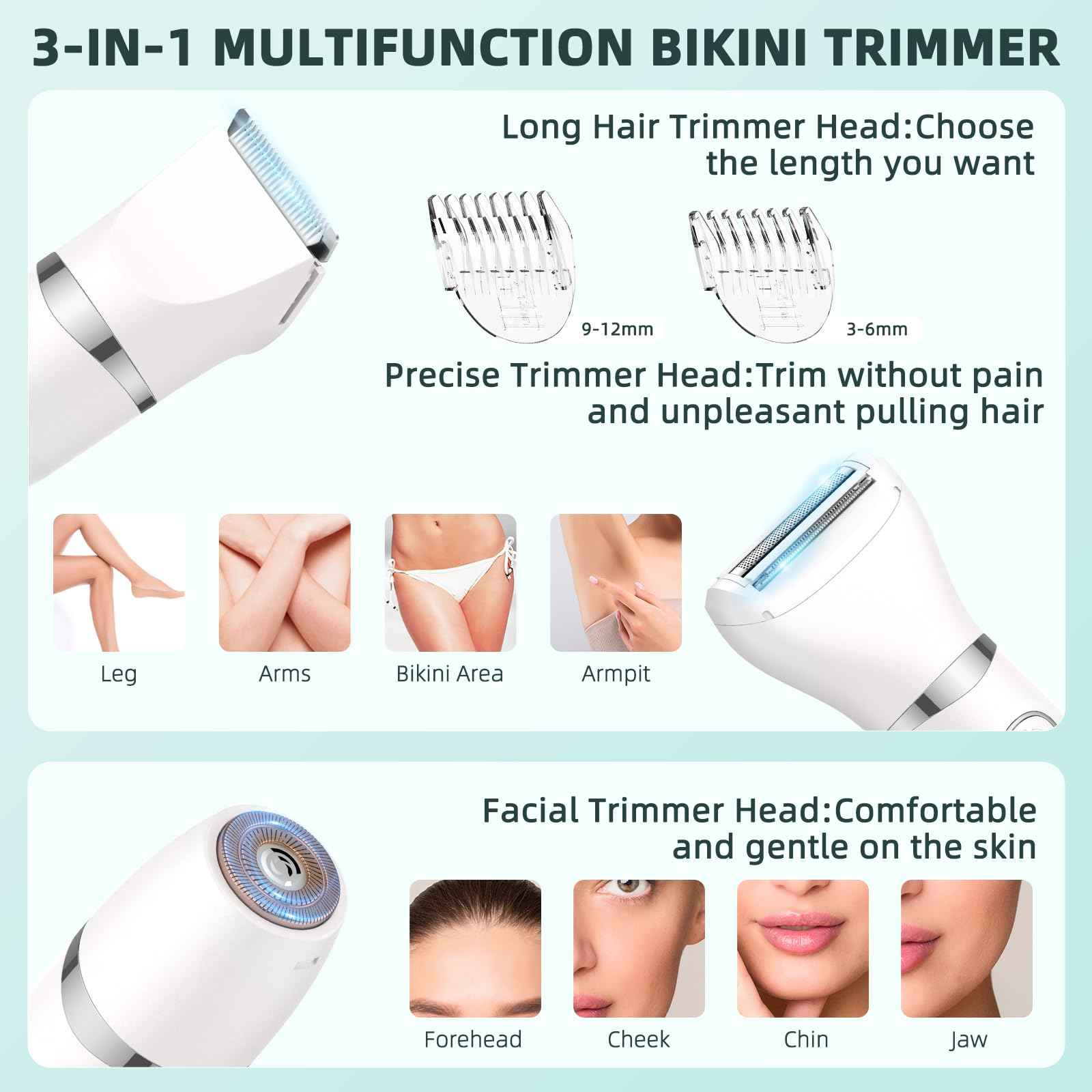 Bilitase Bikini Trimmer for Women,3-in-1 Electric Shaver for Women,Rechargeable Painless Pubic&Facial Razor for Sensitive Skin,Lip,Arms,Legs with LED Display (Gradient Green)