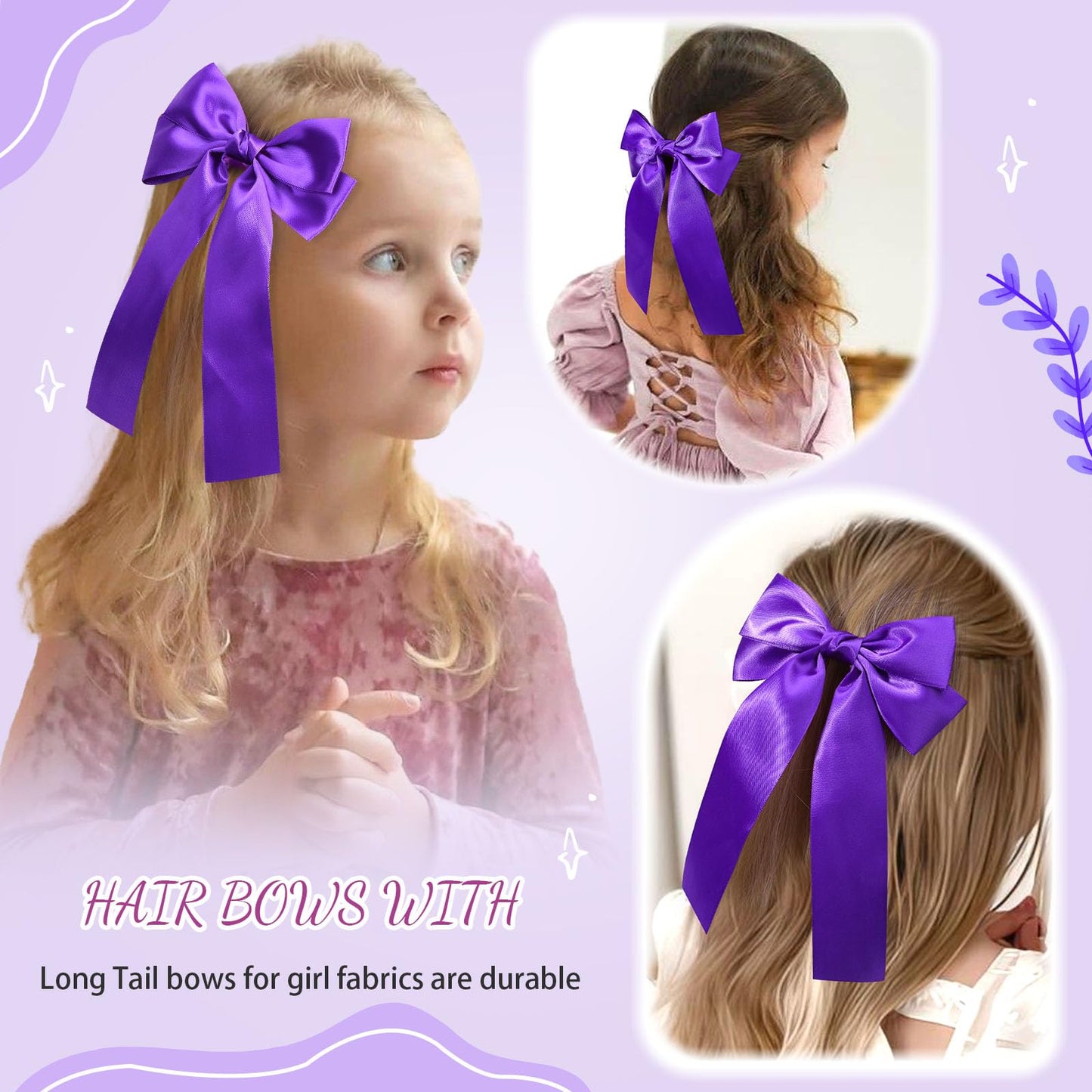 NCMAMA 2Pcs Purple Hair Bows for Girls Hair Clip Silk Hair Bow Ribbon Hair Accessories for Women Toddlers Infant Teens Kids (Purple)