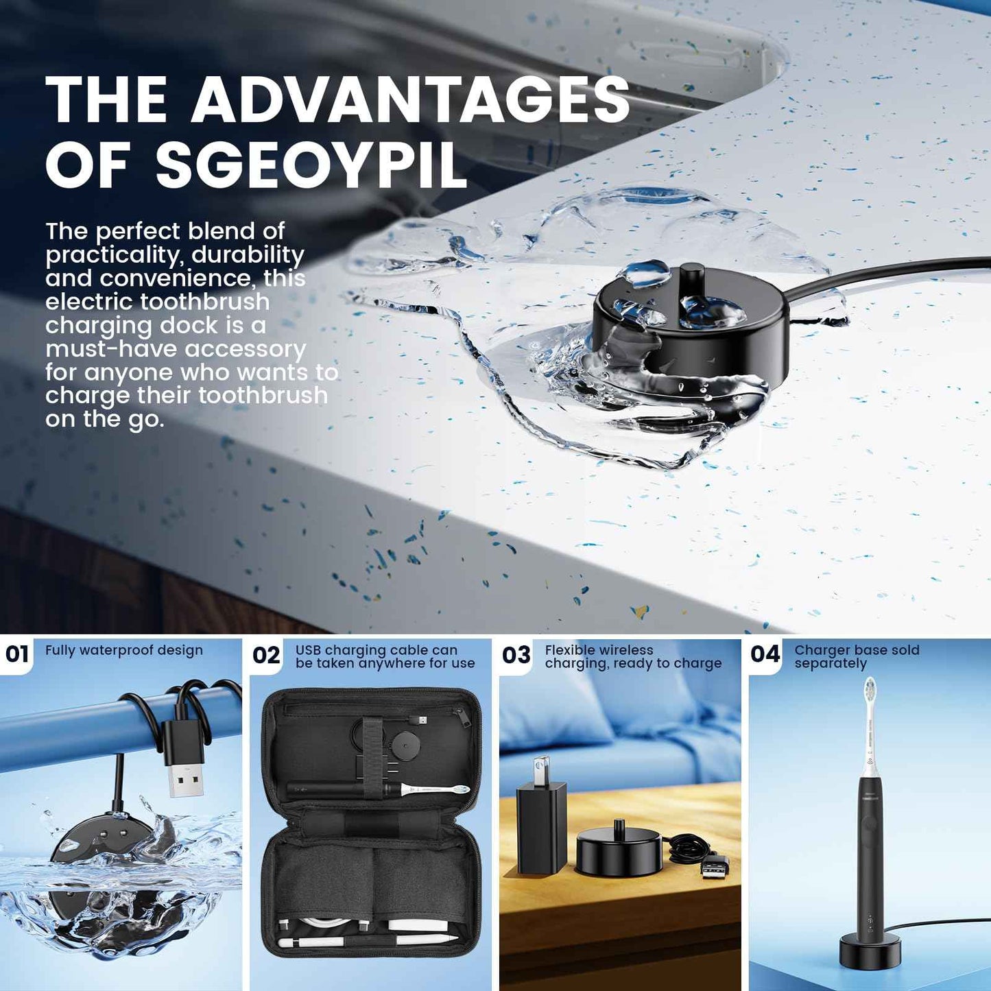 Replacement Charger Base Compatible with Philips Sonicare 5500 5300 4100 3100 2100 1100 Series Rechargeable Electric Toothbrush HX3681 Power Brush USB Waterproof Charging Base Power Cord - Black