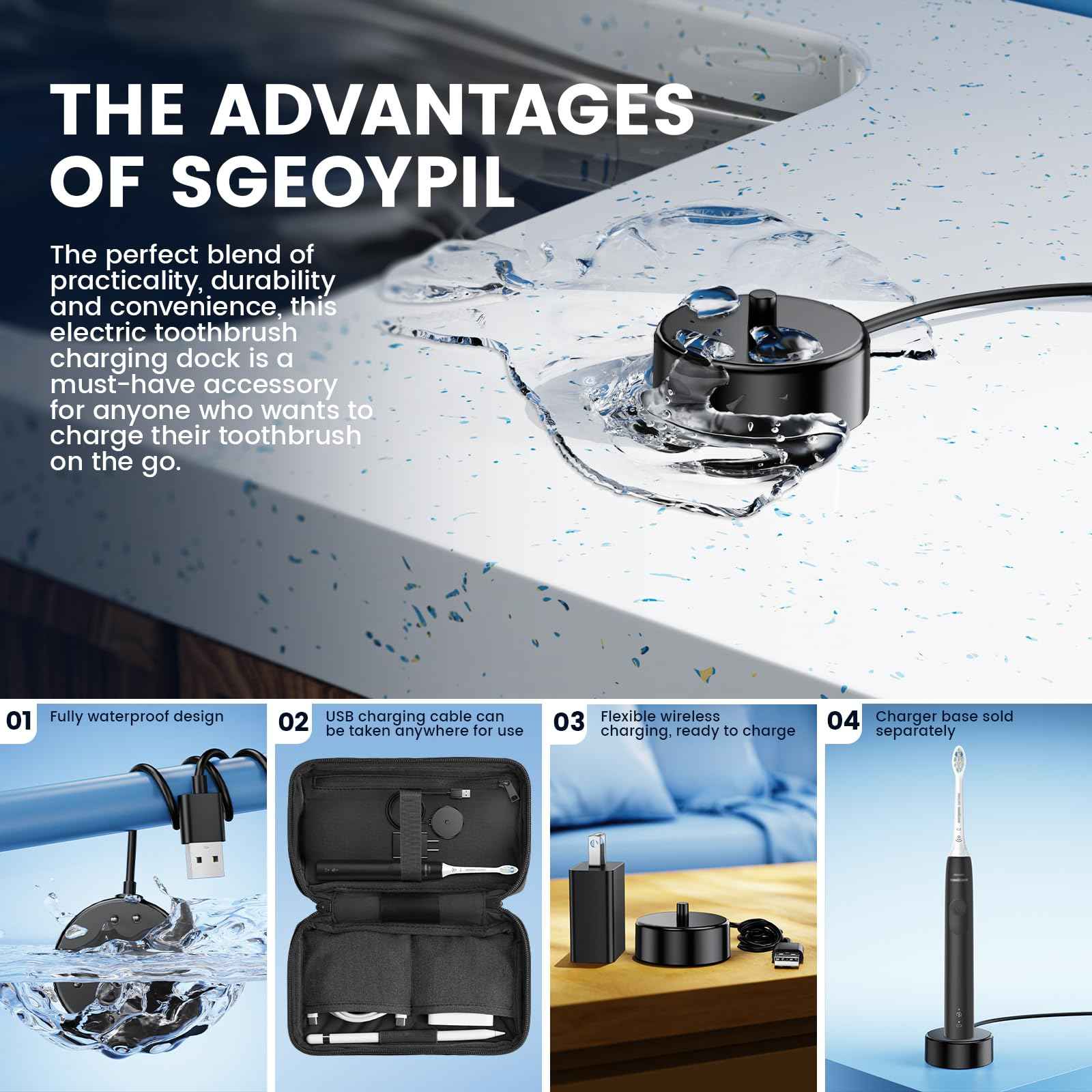 Replacement Charger Base Compatible with Philips Sonicare 5500 5300 4100 3100 2100 1100 Series Rechargeable Electric Toothbrush HX3681 Power Brush USB Waterproof Charging Base Power Cord - Black