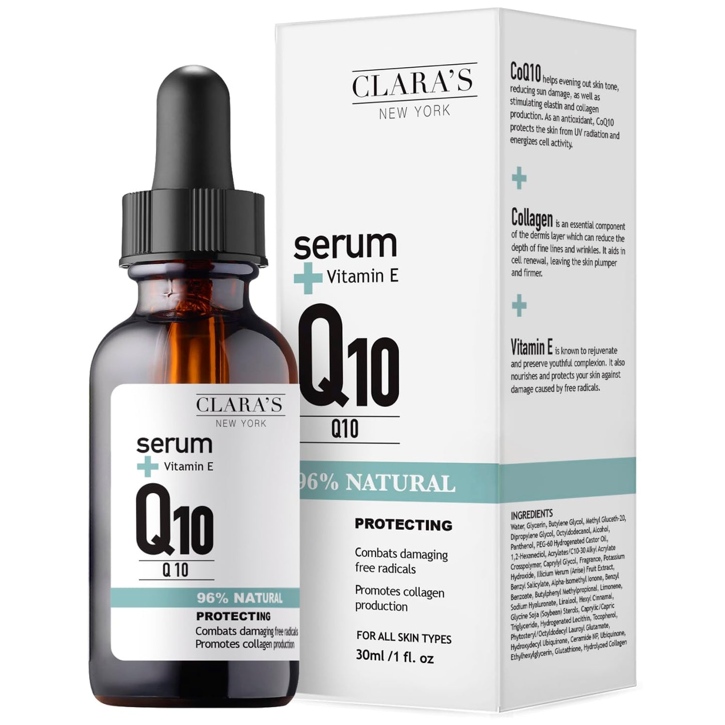 Clara's NEW YORK | Q10 Antioxidant Serum | with Hydrolyzed Collagen, Ceramide NP, Vitmain E | Anti-aging Protecting Repairing Skin Barrier Pore Minimizer Balancing Sebum | 30ml 1Fl oz | Made In USA