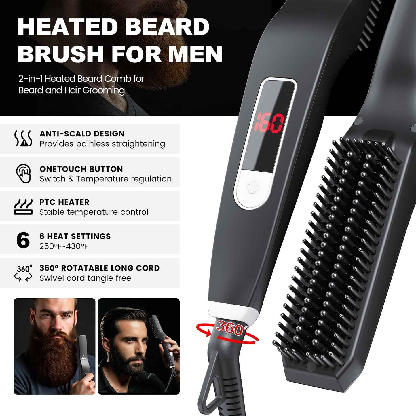 TUIREL Beard Straightener for Men, 2 in 1 Heated Beard Brush, 6 Temperature Settings LCD Display Anti-scalding Hot Comb for Beard Care Kit for Men Gifts Set