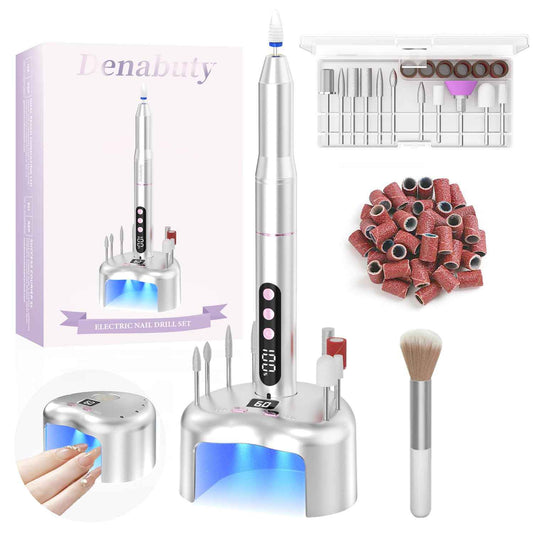 Denabuty Cordless Electric Nail Drill File: 35000RPM Professional Nail Drill Machine with UV LED Nail Lamp Charging Base, Manicure Pedicure Kit E File for Acrylic Gel Dip Powder Polish Silver
