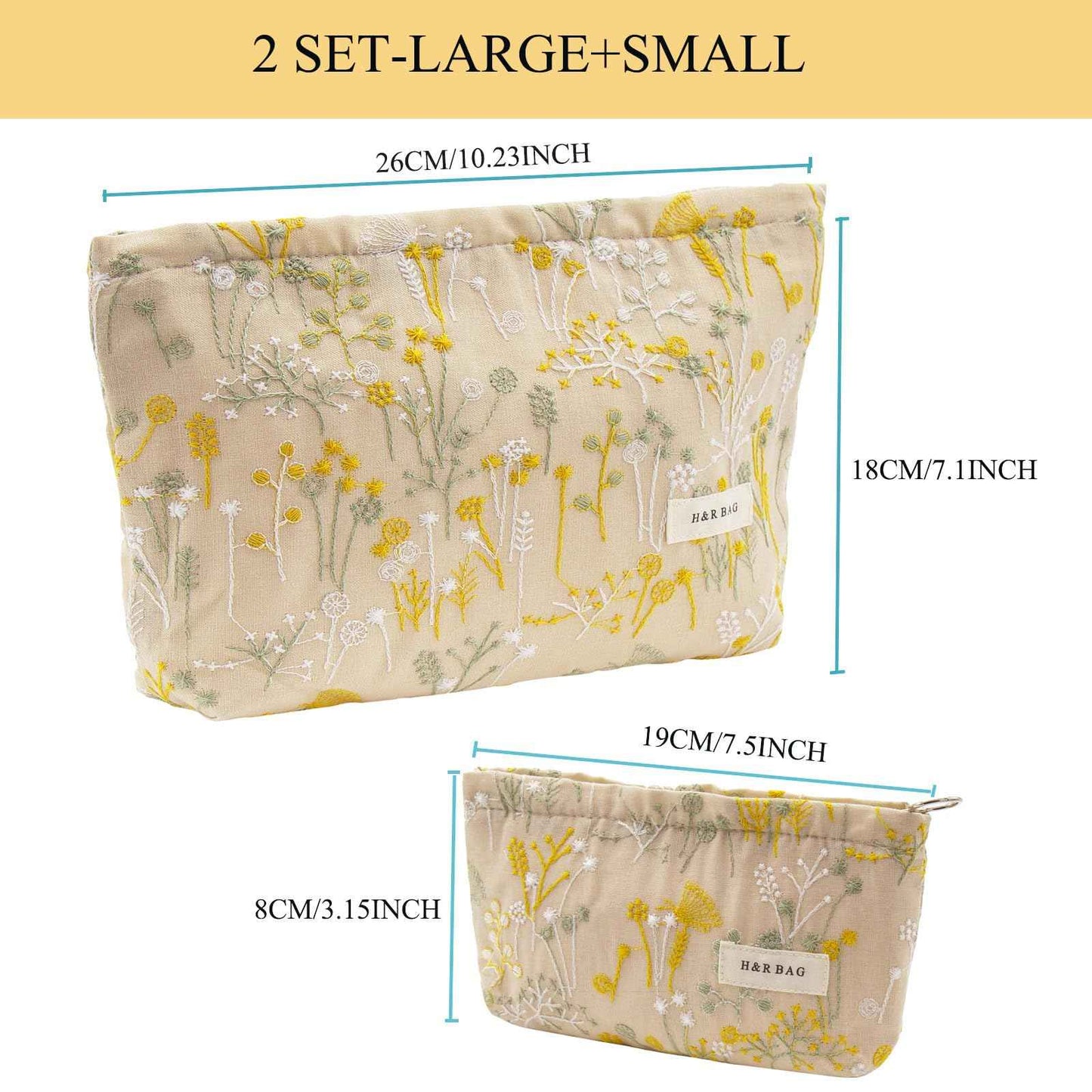 getgto 2 Pcs Makeup Bags, Large Cosmetic Bag Travel Toiletry Bag Organizer for Women, Embroidery Craft, Floral Makeup Bag Small Cosmetic Pouch Purse with Zipper Gifts for Girls Teen