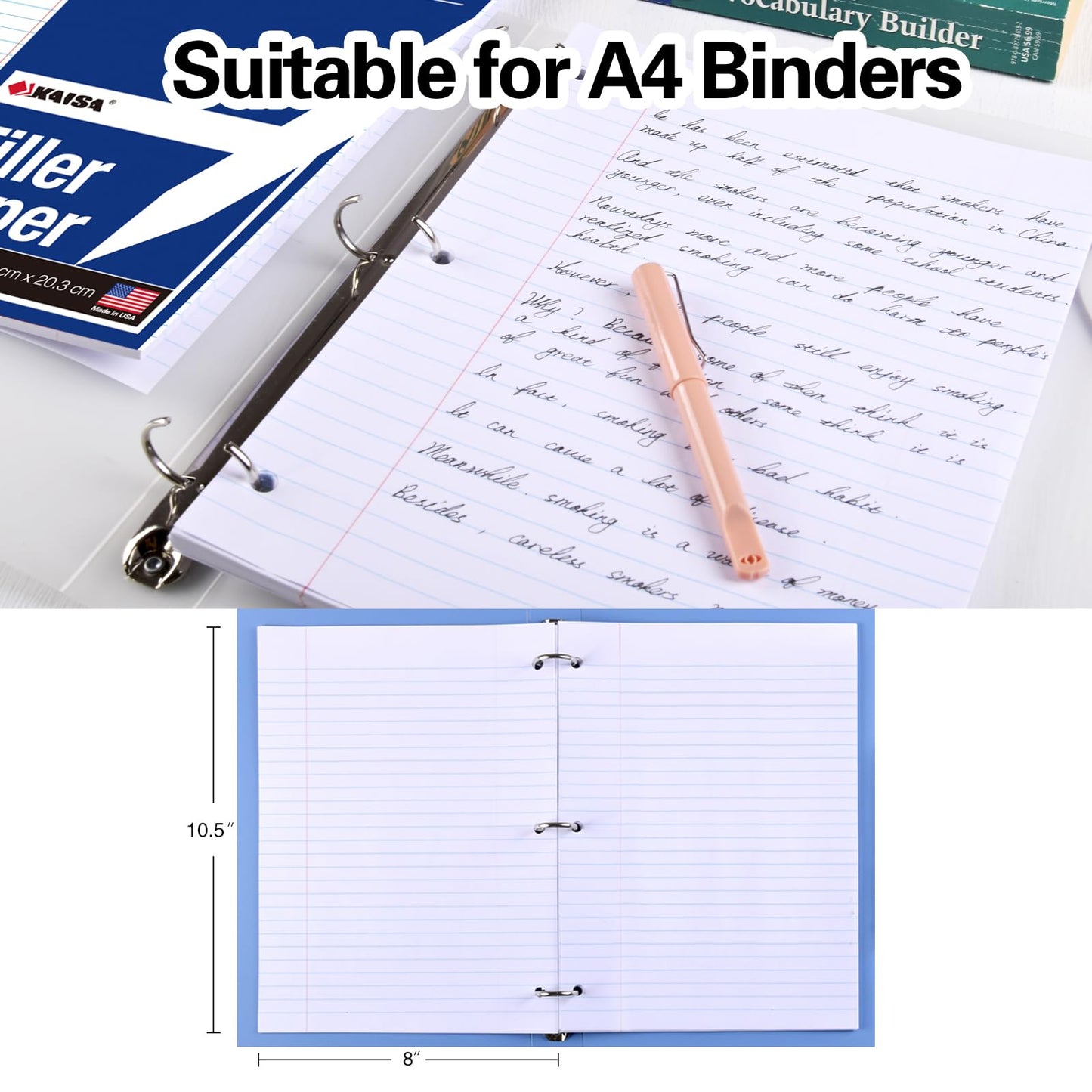 Kaisa3 Pack Notebook Paper College Ruled 3-Hole Punched Loose Leaf Paper 8x10.5 Lined Paper College Ruled Filler Paper for 3-Ring Binder Paper 150 Sheets/Pack (3 Pack-college) F15001C-3pk