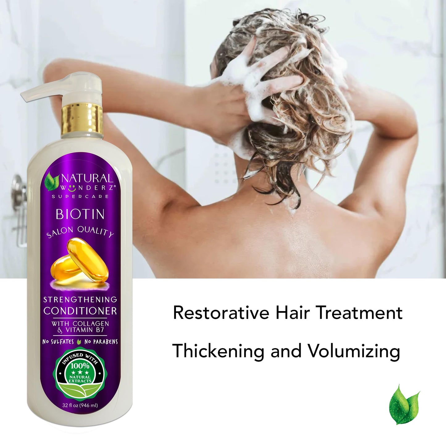 Natural Wunderz Thickening Biotin Conditioner, Supports Hair Growth, Volumizing Scalp Treatment for Thinning Hair and Hair Loss with Collagen and Vitamin B7, Paraben Free and Sulfate Free - 32 Fl Oz