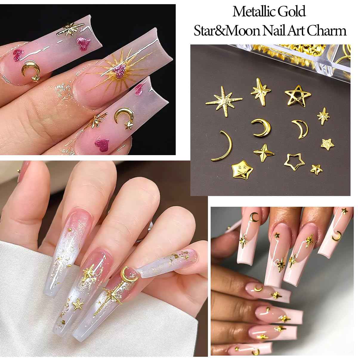 Star Moon Nail Charms for Nails Art 3D Gold Silver Starlight Cross Star Nail Rivet Studs Decoration Alloy Metallic Stars Accessories and Sugar Glitter Powder for Nails Manicure Craft DIY