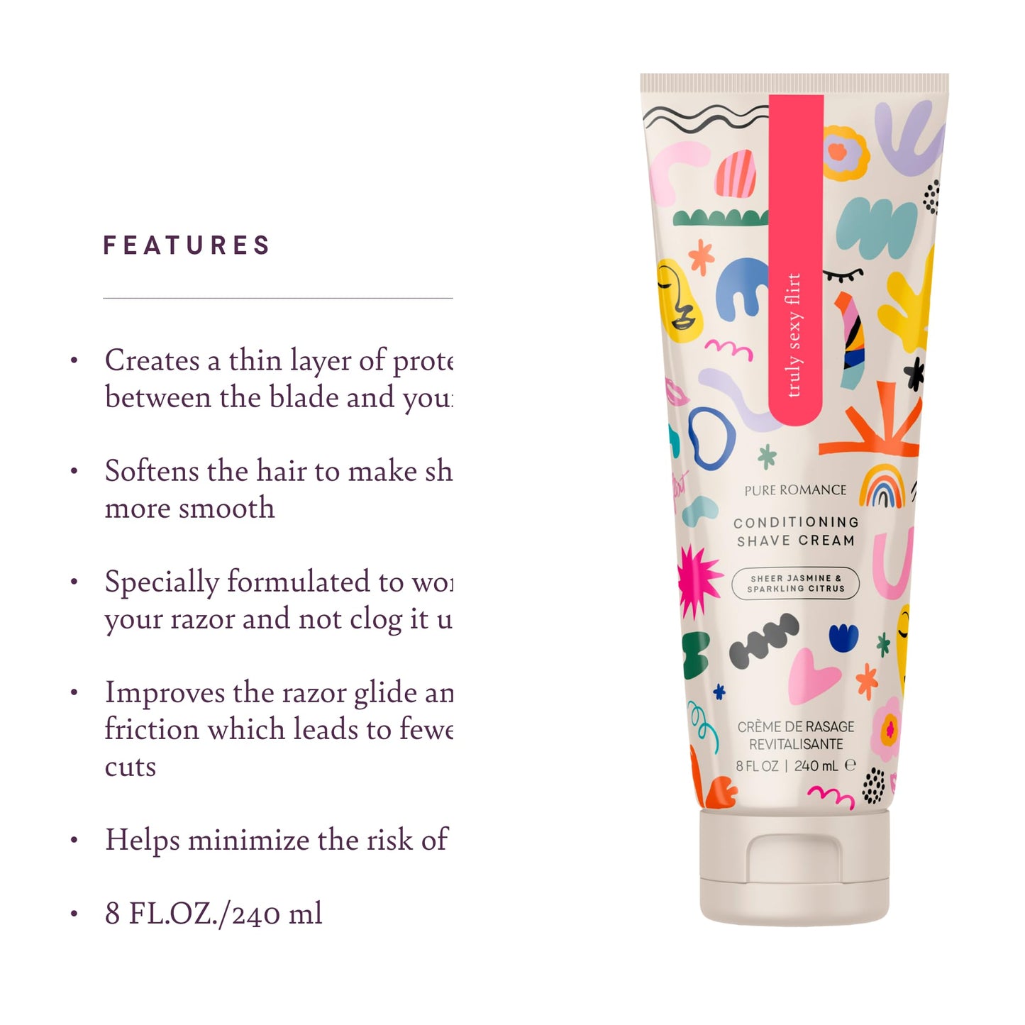 Pure Romance Conditioning Shave Cream - Truly Sexy Flirt - Jojoba Oil & Gentle Formula for Sensitive Skin - Prevents Razor Bumps & Ingrown Hairs - Exquisite Jasmine & Lemon Scent, 8 Fl Oz