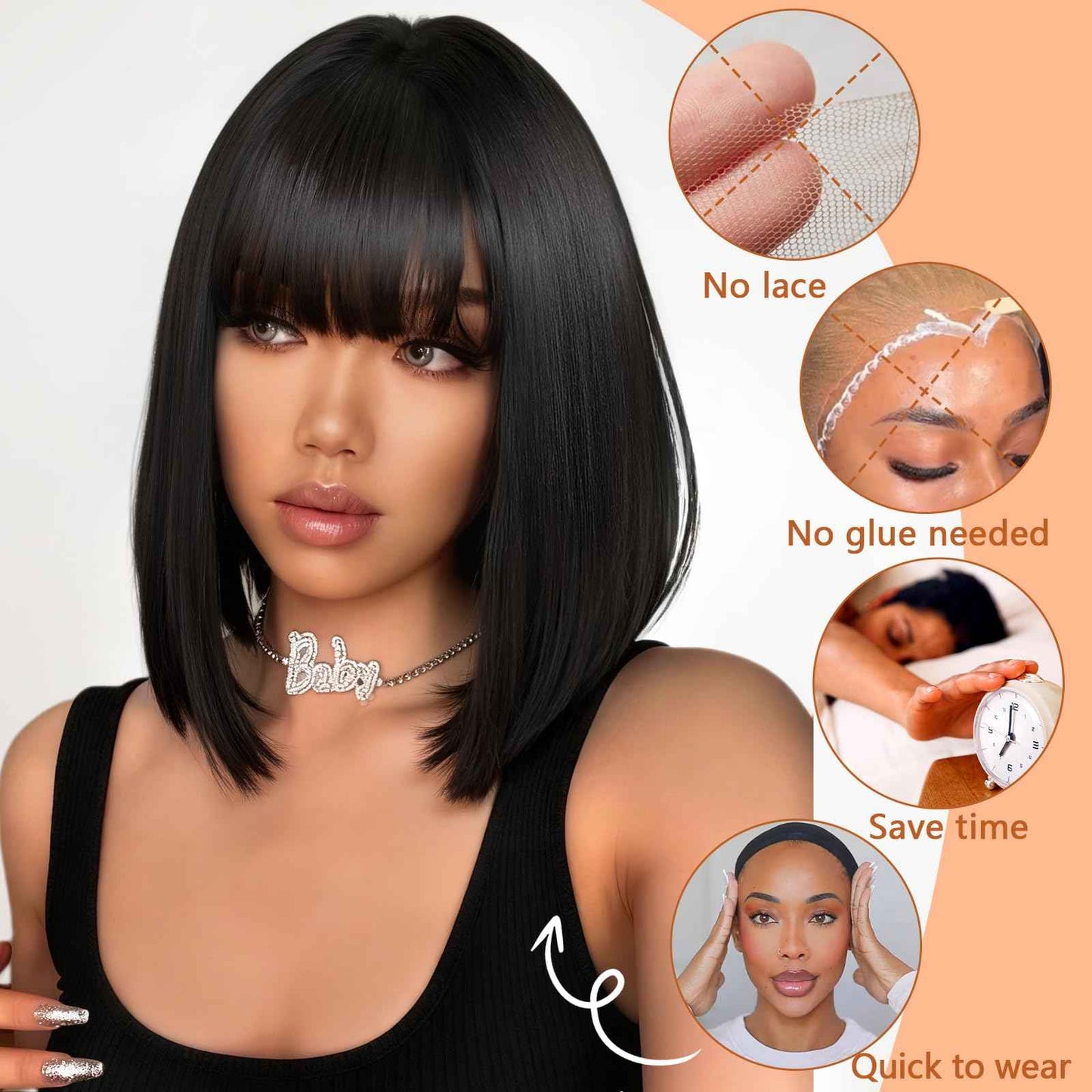 Xinjiju Black Bob Wigs Human Hair Short Wig with Bangs Straight Wigs Human Hair Glueless Wear and Go 150% Density Wigs for Women Daily Use 10 Inch