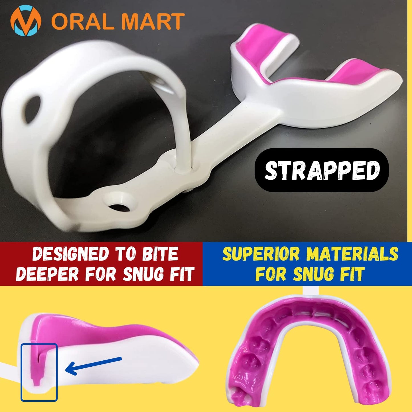 Oral Mart White/Pink Strapped Youth Mouth Guard for Kids - Sports Mouthguard with Connected Strap for Ice Hockey, Football, Lacrosse, Taekwondo