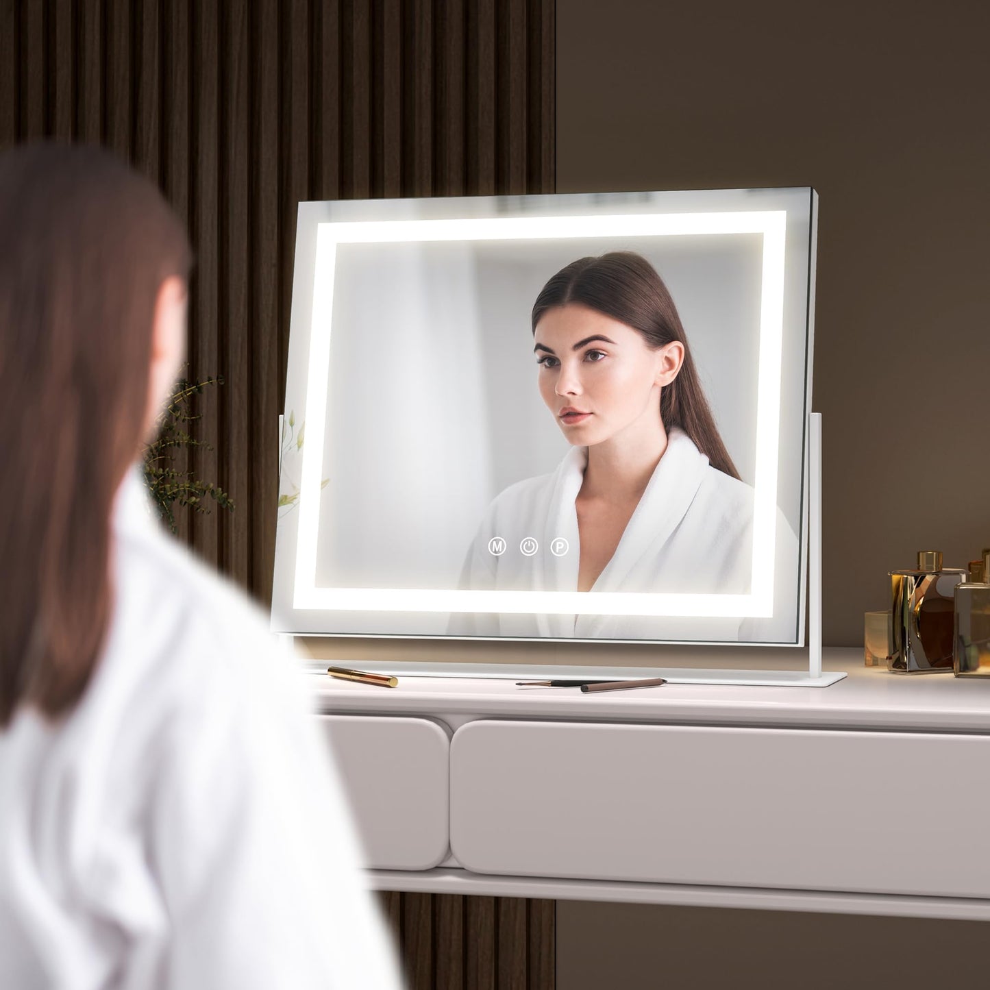 Hasipu Vanity Mirror with Lights, 12" x 10" LED Makeup Mirror, Light up Mirror with 10X Magnification, Smart Touch 3 Colors Dimmable, 360° Rotation (White)