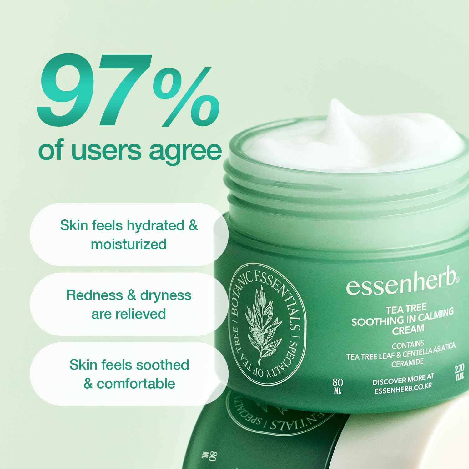ESSENHERB Tea Tree Soothing In Calming Cream | Tea Tree Moisturizer | Calming Cream for Dry, Sensitive, All Skin Types, Korean Skincare (2.70oz * 2Pack)