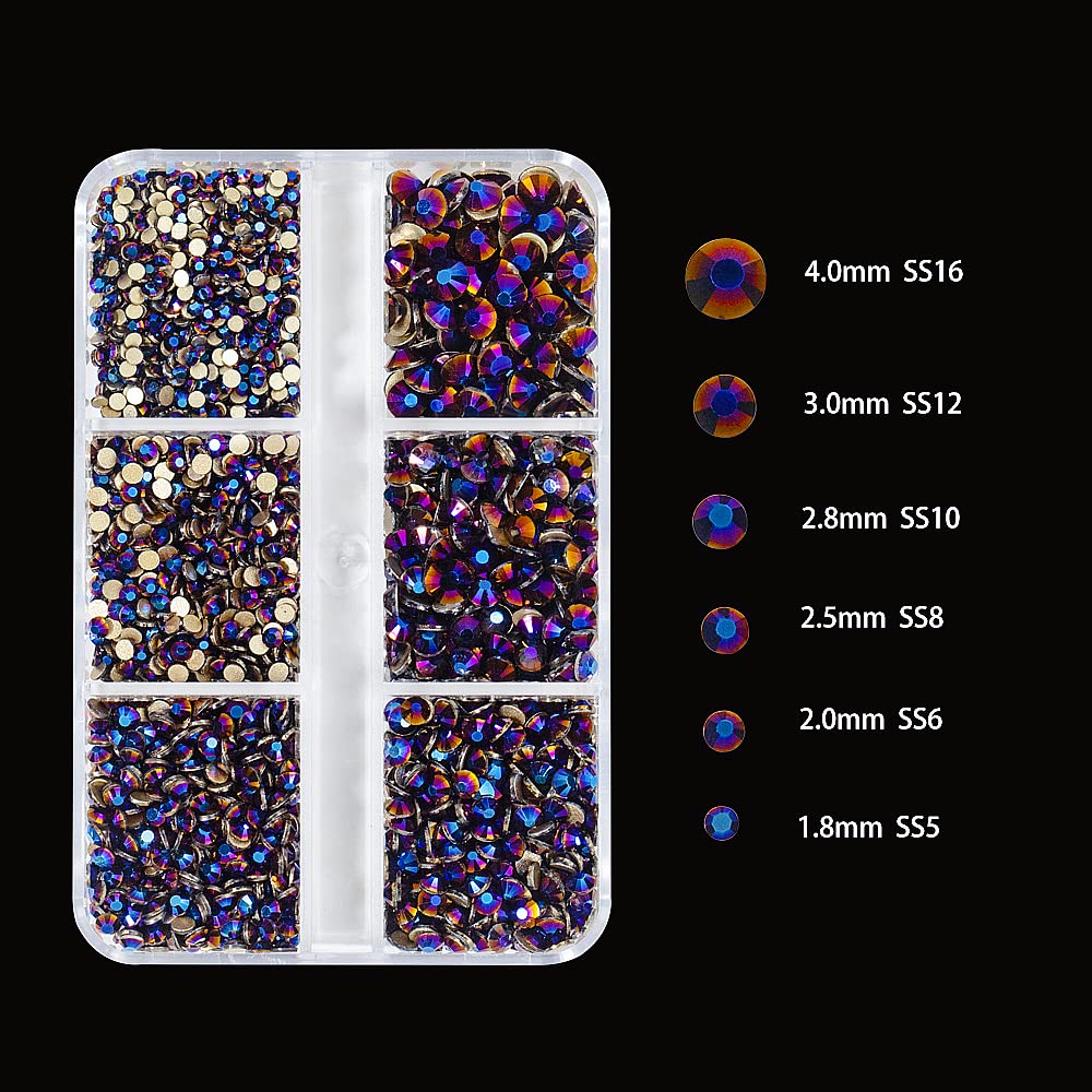 6Grids 3000Pcs Flatback Rhinestones , Phantom Purple Nail Gemstones Crystals Jewels, Craft Glass Diamonds Stones Bling Rhinestone with Tweezers and Picking Pen For Nail Face Makeup(1.8mm~4mm Crystal)