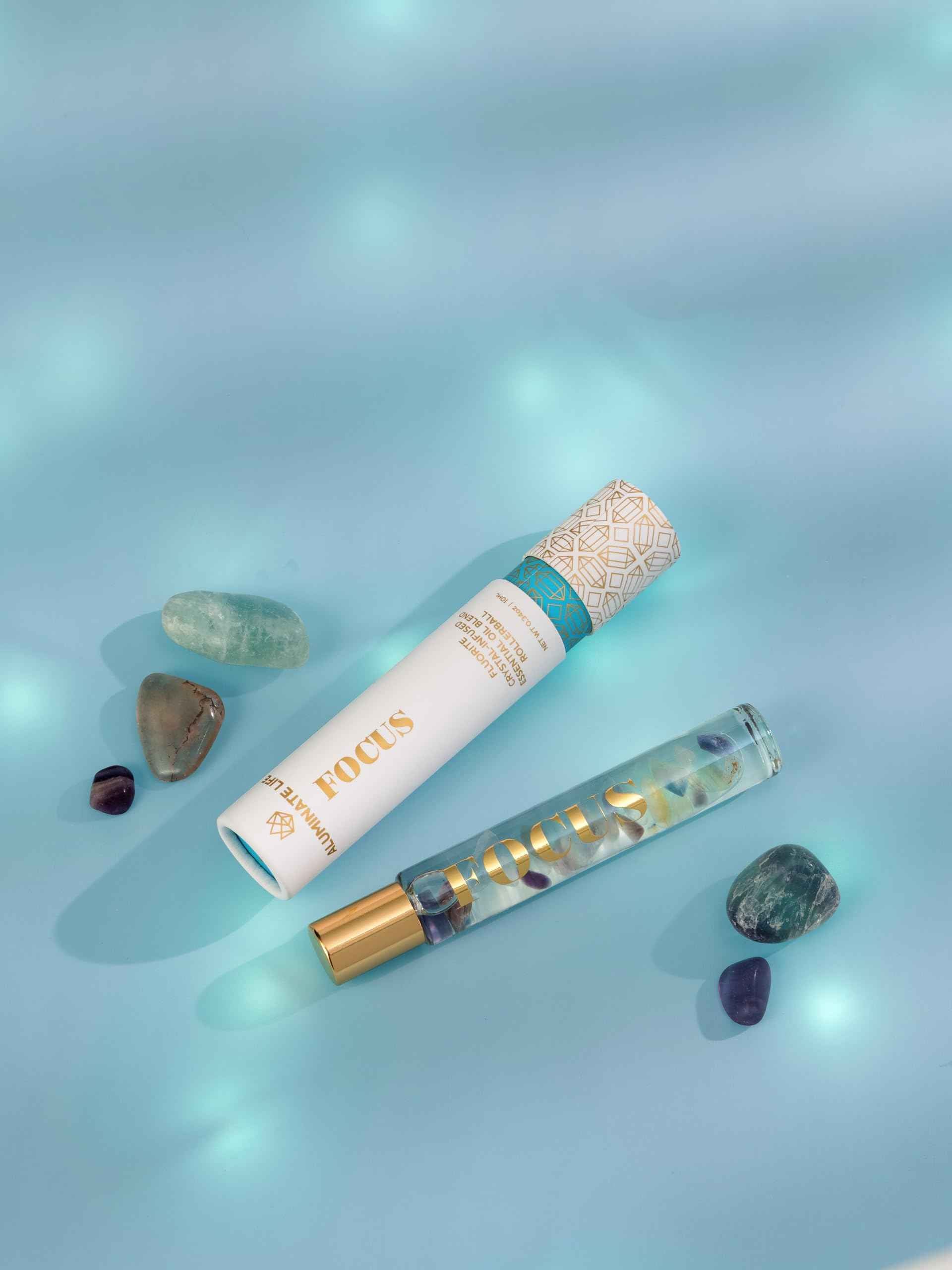 Aluminate Life Essential Oil Rollerballs, .34 OZ, Focus - Fluorite Crystal Infused - Scents of Orange, Ginger, Ylang-ylang, & Lavender - Aromatherapy Roll On Oils, Skin Care, Massage