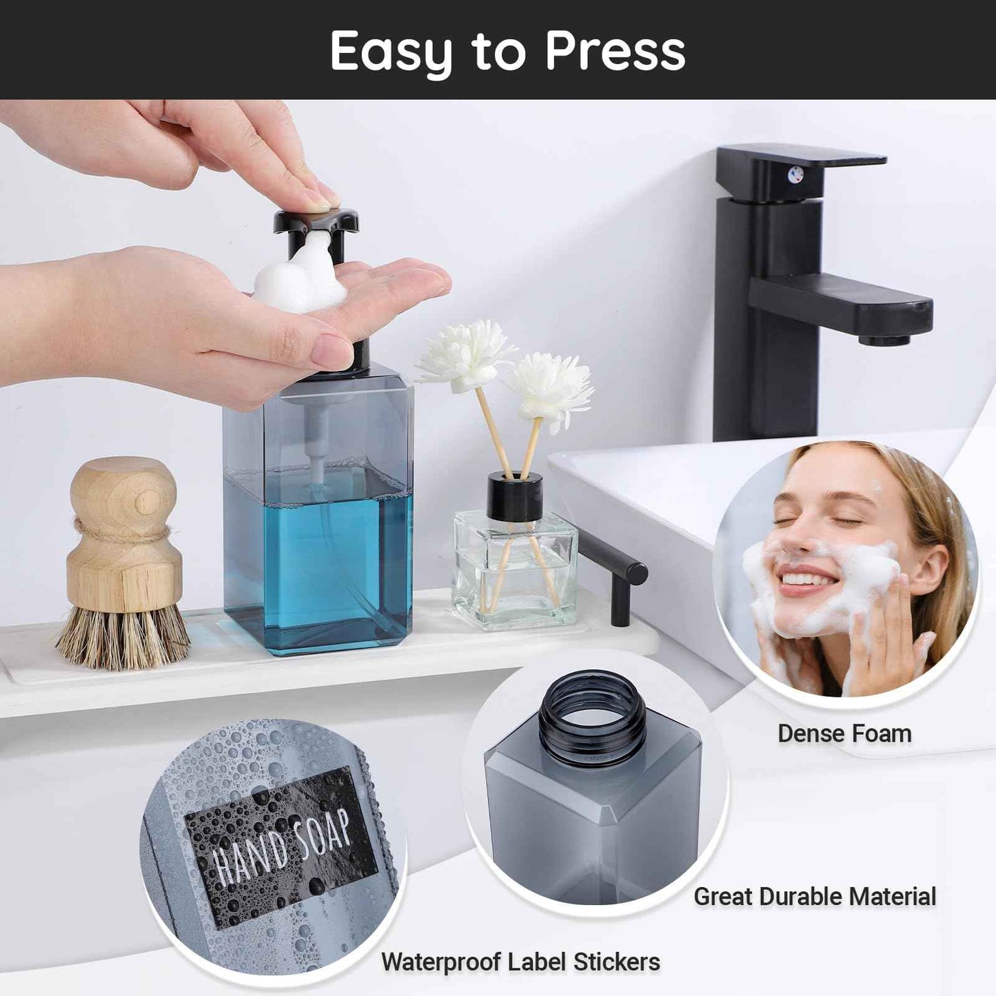 Segbeauty Empty Foam Soap Dispenser Pump Bottles 15.2oz 2pcs, Refillable Foaming Hand Soap Dispenser, 450ml Gray Foam Bottle with Waterproof Stickers, Plastic Square Liquid Foaming Container BPA Free