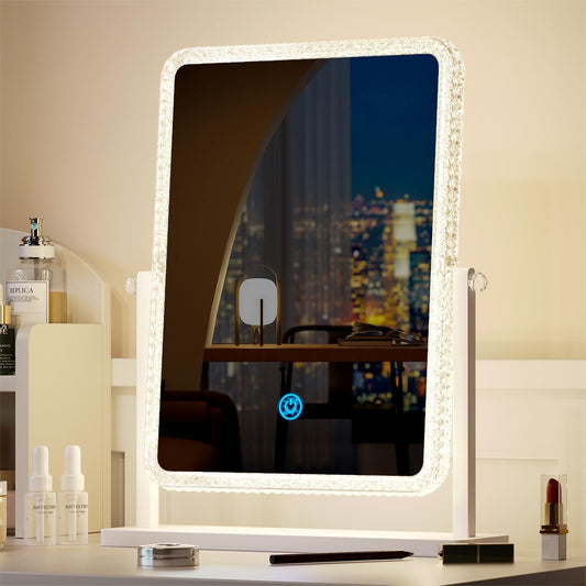 Vlsrka Vanity Makeup Mirror with Lights, Lighted Make Up Mirror for Desk/Table, Rectangle Light Up Mirror with 3 Color Lighting Modes & Adjustable Brightness 13.6" x 16" (White)