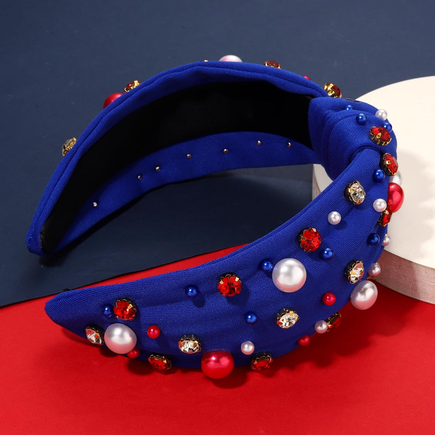 GLBCC American Flag Headband USA Red White Blue Pearl Rhinestone Jeweled Knotted Hairband 4 th of July Patriotic Fashion Wide Top Knot Headband Summer Party Hair Accessories