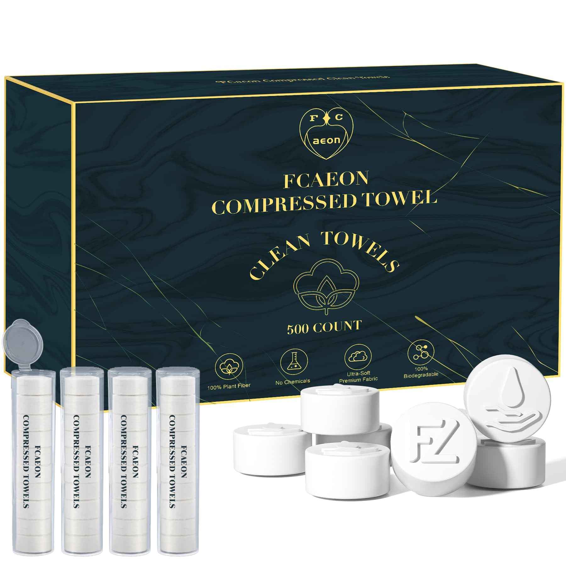 Fcaeon Compressed Towel Tablets 500 Pcs Disposable Face Towel With 4 Dispenser Bottles Cloths Camping Hiking Outdoor Gear Family Travel Gym Workout Fitness Emergency Use Portable Washcloths(Blue)