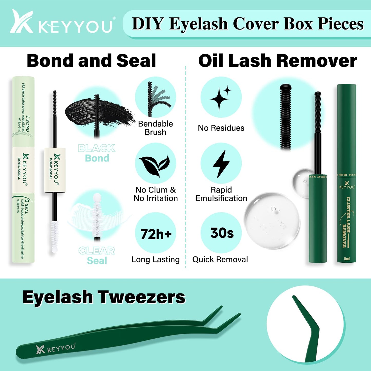 KEYYOU Lash Extension Kit 144pcs Air Touch Lash Clusters with Bond and Seal Lash Applicator Remover D Curl DIY Eyelash Extension Kit Easy to Apply at Home(Air01Kit-D-8-18Mix)