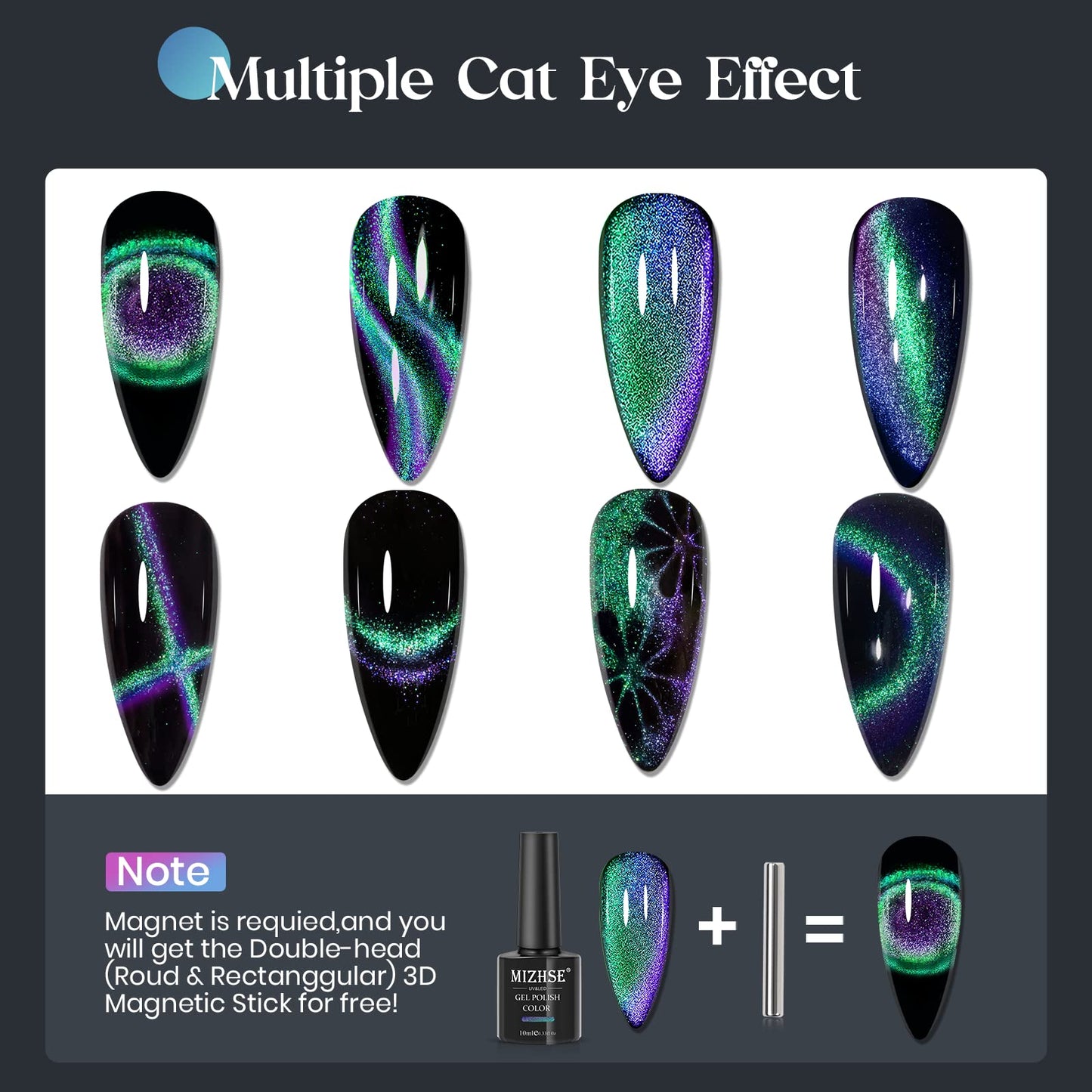 MIZHSE 9D Cat Eye Gel Nail Polish Magnetic Cat Eye Gel Nail Polish Magnetic Gel Nail Polish with Chameleon Magic Effect 10ml with 1 Magnet