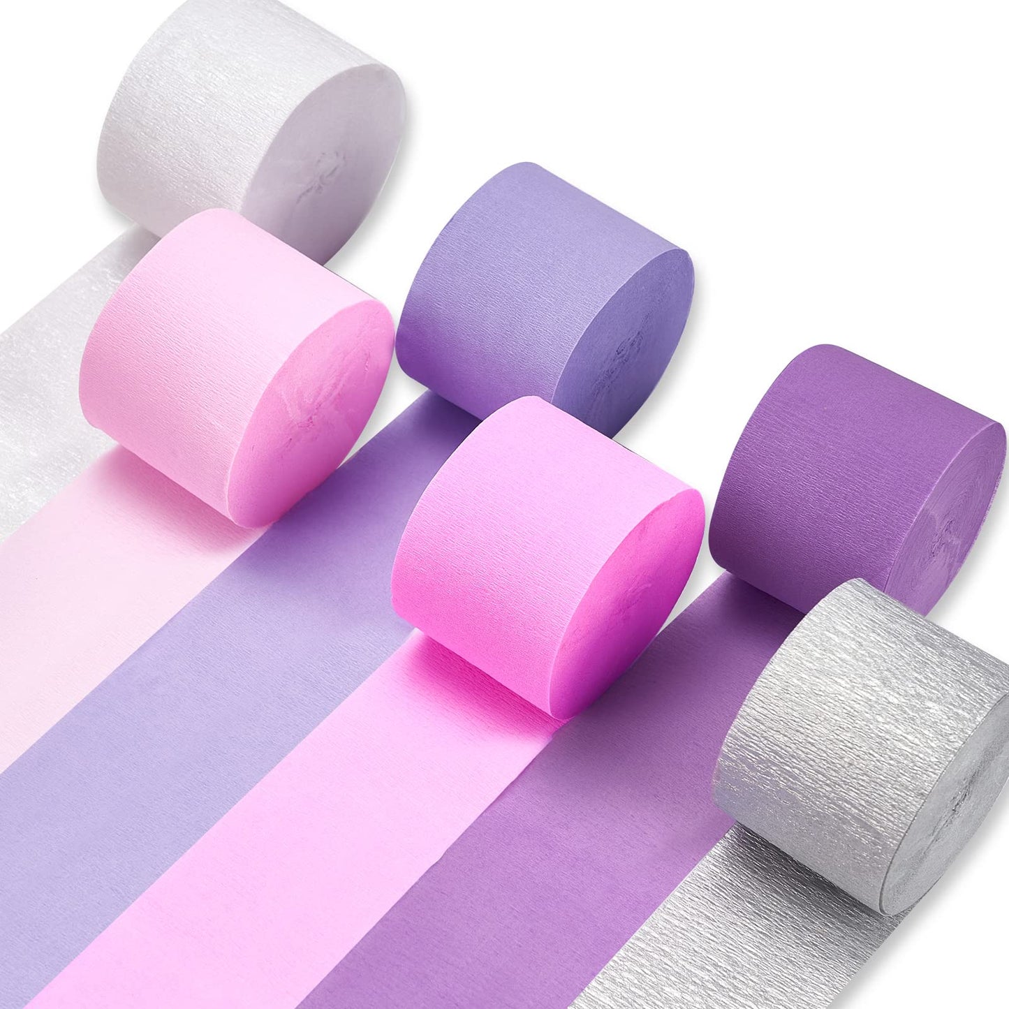 PartyWoo Crepe Paper Streamers 6 Rolls 492ft, Pack of Metallic Silver, Lavender, Purple, Pastel Pink, Pink, White Crepe Paper for Birthday Decorations, Baby Shower Decorations (1.8 Inch x 82 Ft/Roll)