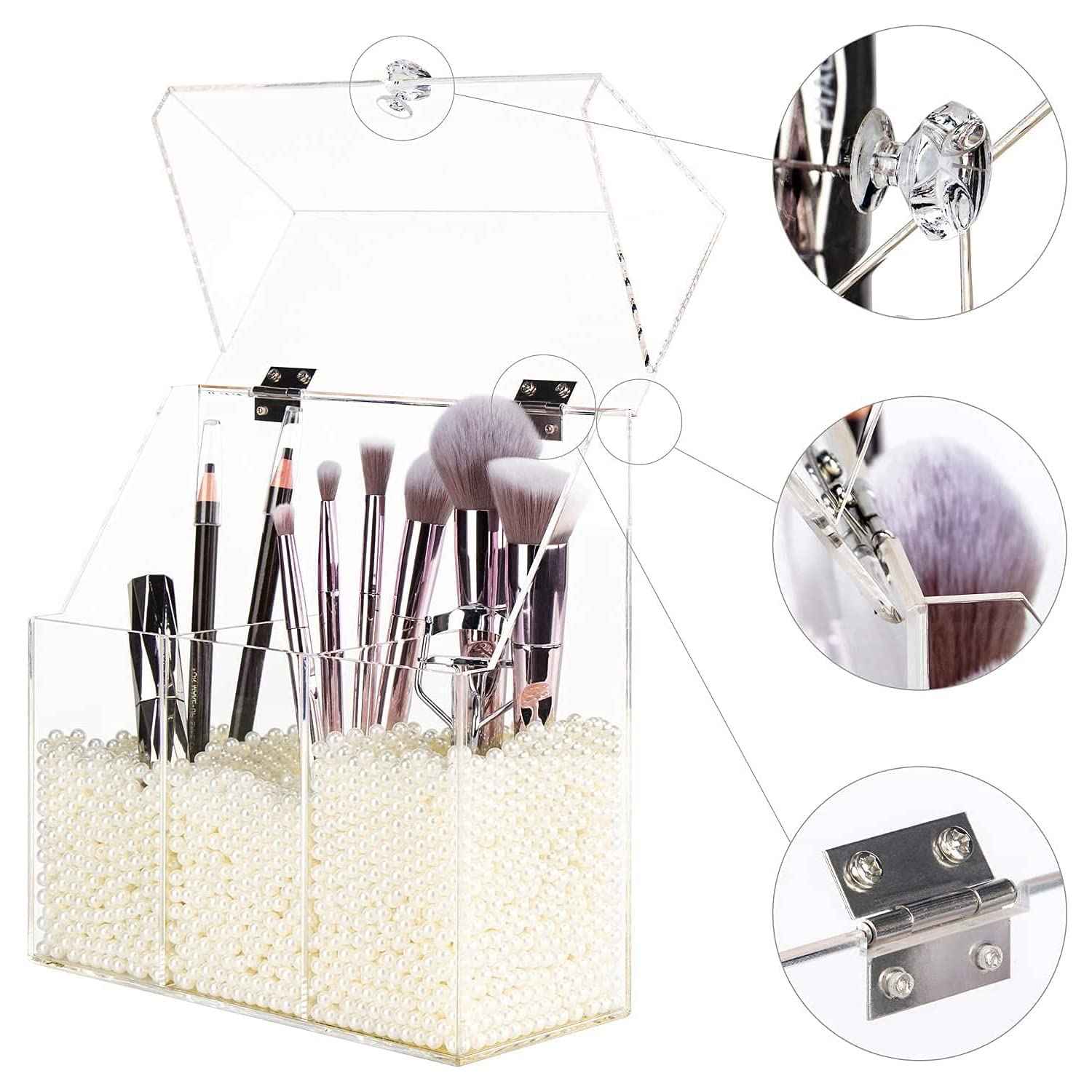 YestBuy Clear Makeup Brush Holder, Acrylic Makeup Brush Organizer For Vanity, Cosmetic Brush Storage Box with Pearls, For Bathroom, Bedroom, Vanity Countertop