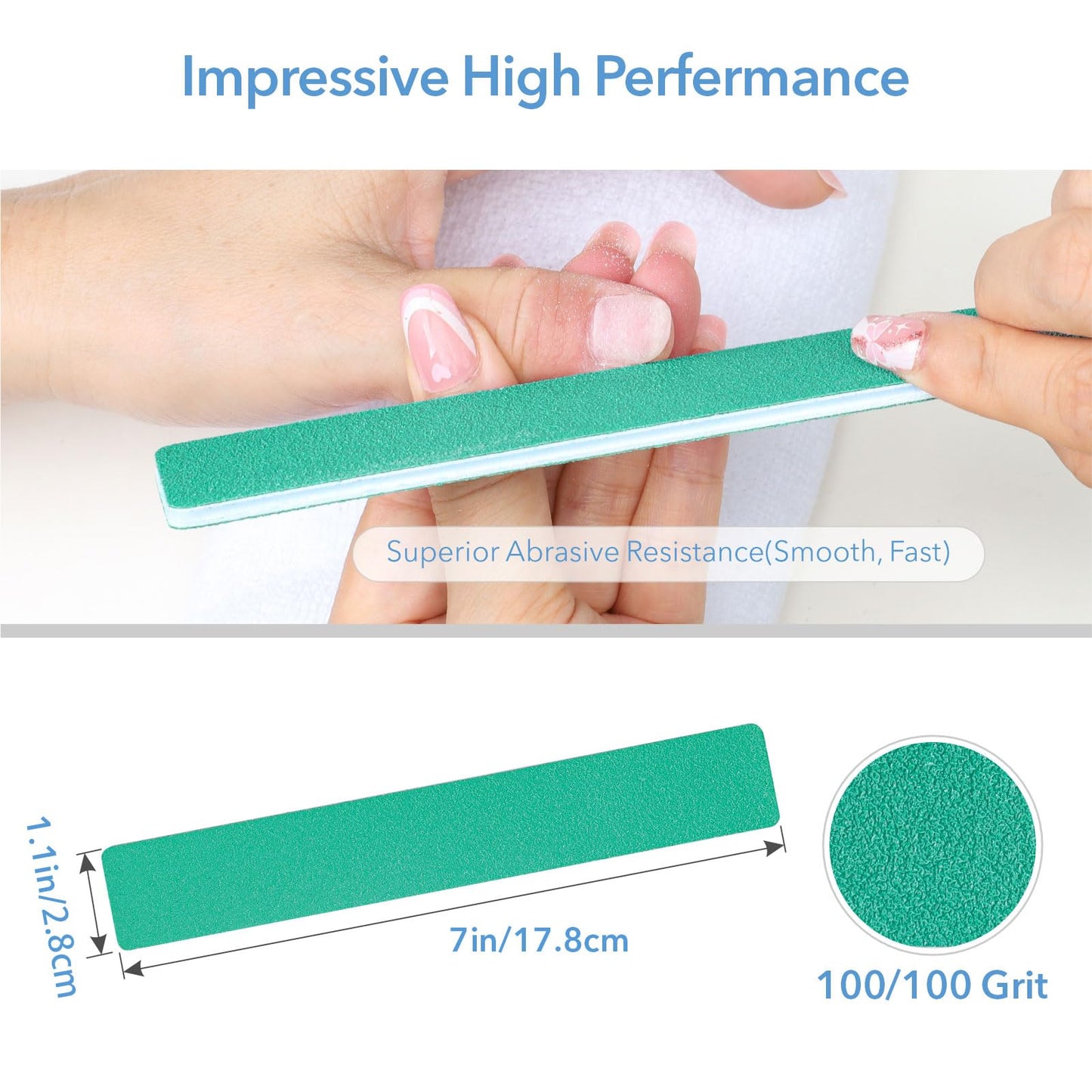 GazePlus Nail File, 10 PCS Emery Boards for Nails 7" Long 100/100 Grit Fingernail Files - Professional Nail Files Washable for Acrylic, Gel, Dip Powder, and Poly Gel Nail