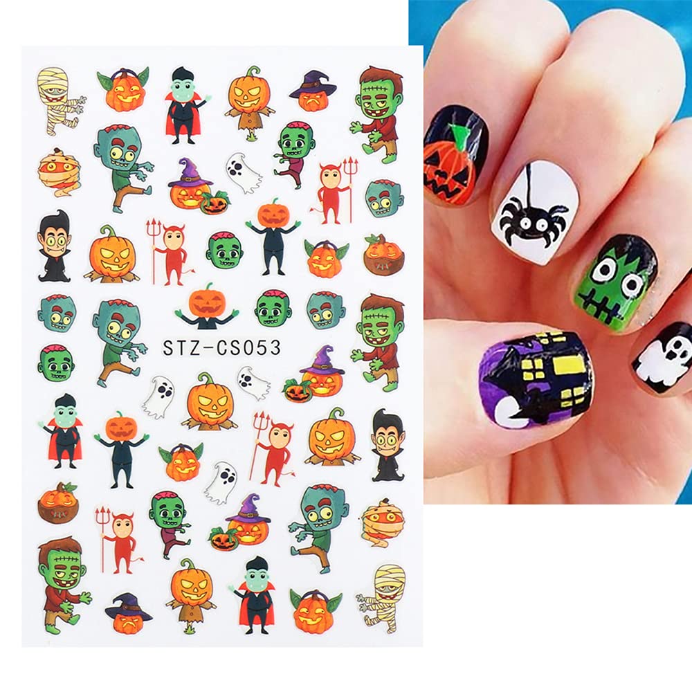 Autumn & Halloween Nail Stickers, 9 Sheets Skull Nail Decals 3D Self-Adhesive Fall Leaves Pumpkin Bat Ghost Spider Web Skeleton Pattern Nail Art Design for Thanksgiving Halloween Party