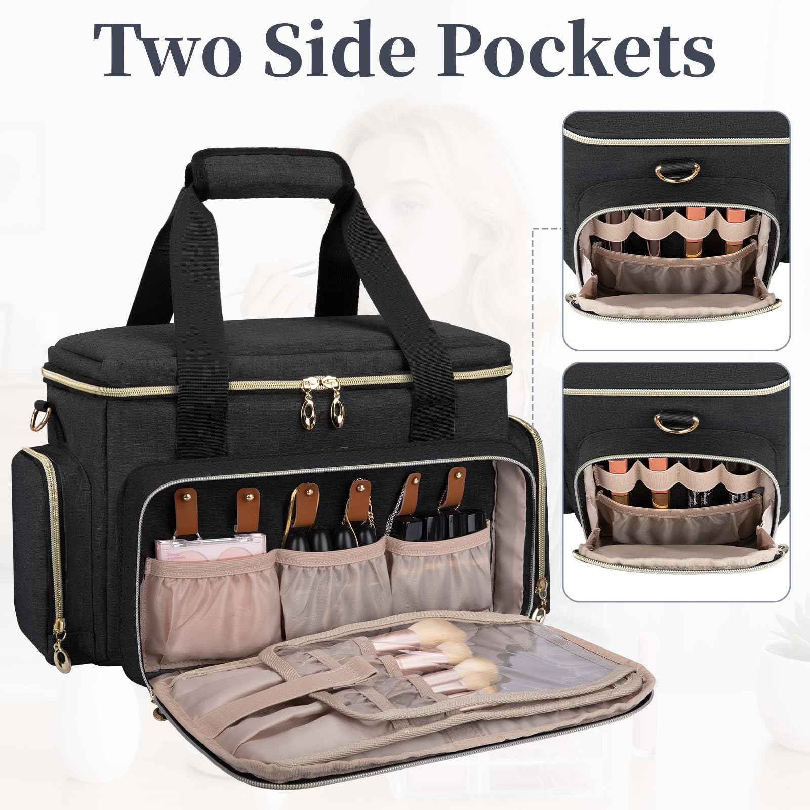 Large Makeup Bag, Portable Travel Makeup Bag Organizer for Women Girls with 2 Removable Pouches & Detachable Dividers, Cosmetic Travel Bag, Toiletry Bag for Makeup and Hair Supplies Black