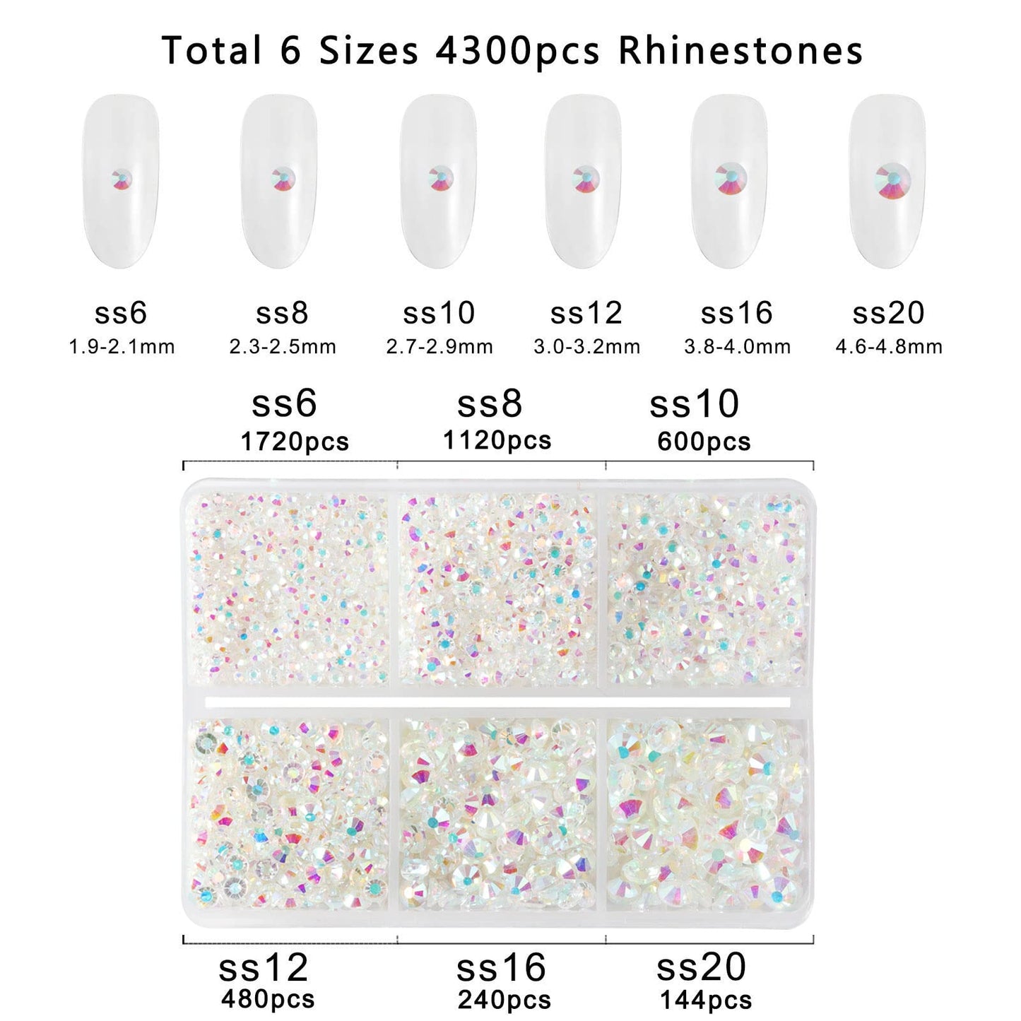 Beadsland 4300pcs Flatback Rhinestones,Transparent AB Rhinestones Nail Gems Round Crystal Rhinestones for Crafts,Mixed 6 Sizes with Picking Tweezers and Wax Pencil Kit, SS6-SS20,Transparent AB