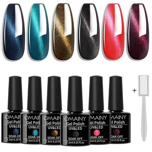 Omainy Cat Eye Gel Nail Polish Kit with Magnet, Elegance Dark Color Series Gel Nail Polish Set With 1 Magnet Stick Soak Off UV LED Nail Art Manicure Kit 6 pcs(003)