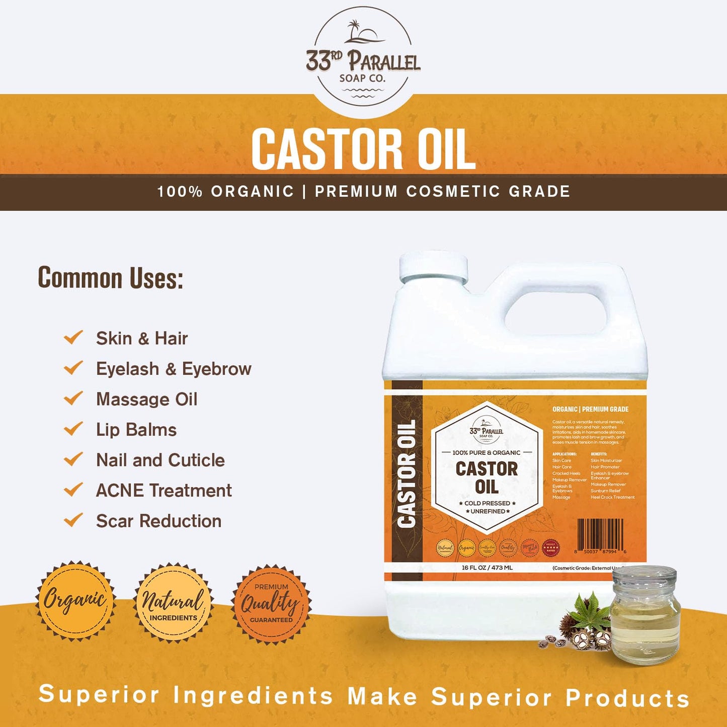 ORGANIC CASTOR OIL ( 32 oz ) Premium Cold Pressed Unrefined | 100% Natural Promotes Healthy Skin & Hair | Thickens Eyebrows Lengthens Eyelashes | Strengthens Nails Cuticles | Massage Oil | 32 FL OZ