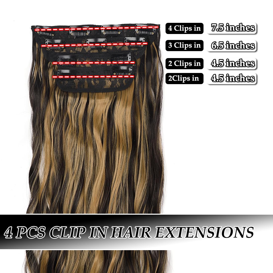 Fronweek Clip in Hair Extensions, 4PCS Natural Black Long Wavy Hair Extensions Full Head 20Inch Thick Hairpieces for Women Fiber Double Weft Hair Exte(20INCH, Chocolate Brown to Caramel Blonde 2H27B#)