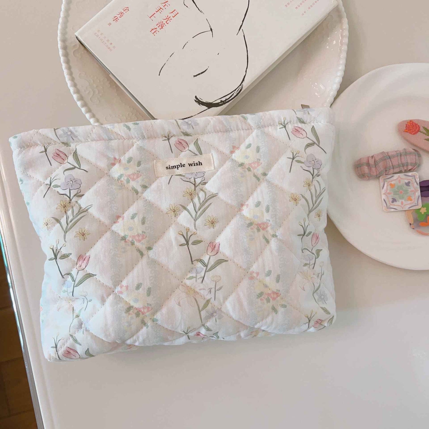 MSGHER Floral Quilted Cotton Shoulder Bag Set 3-in-1 Handbag with Matching Mini Pouch Cosmetic Bag Large Capacity Tote A053 (Striped floral)