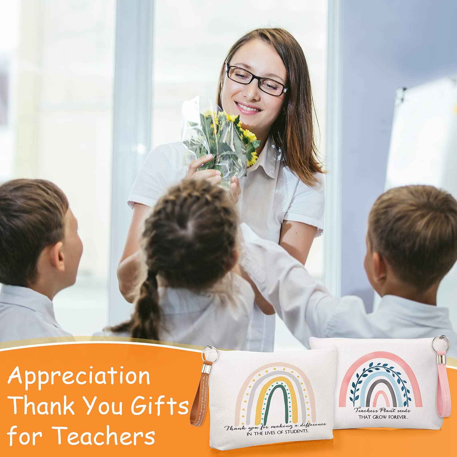 Fumete 40 Pcs Teacher Gift Inspirational Rainbow Makeup Bag Rainbow Silicone Keychains Bulk Zipper Canvas Teacher Pencil Pouch for Employee Appreciation Thank You Gifts Thanksgiving Christmas