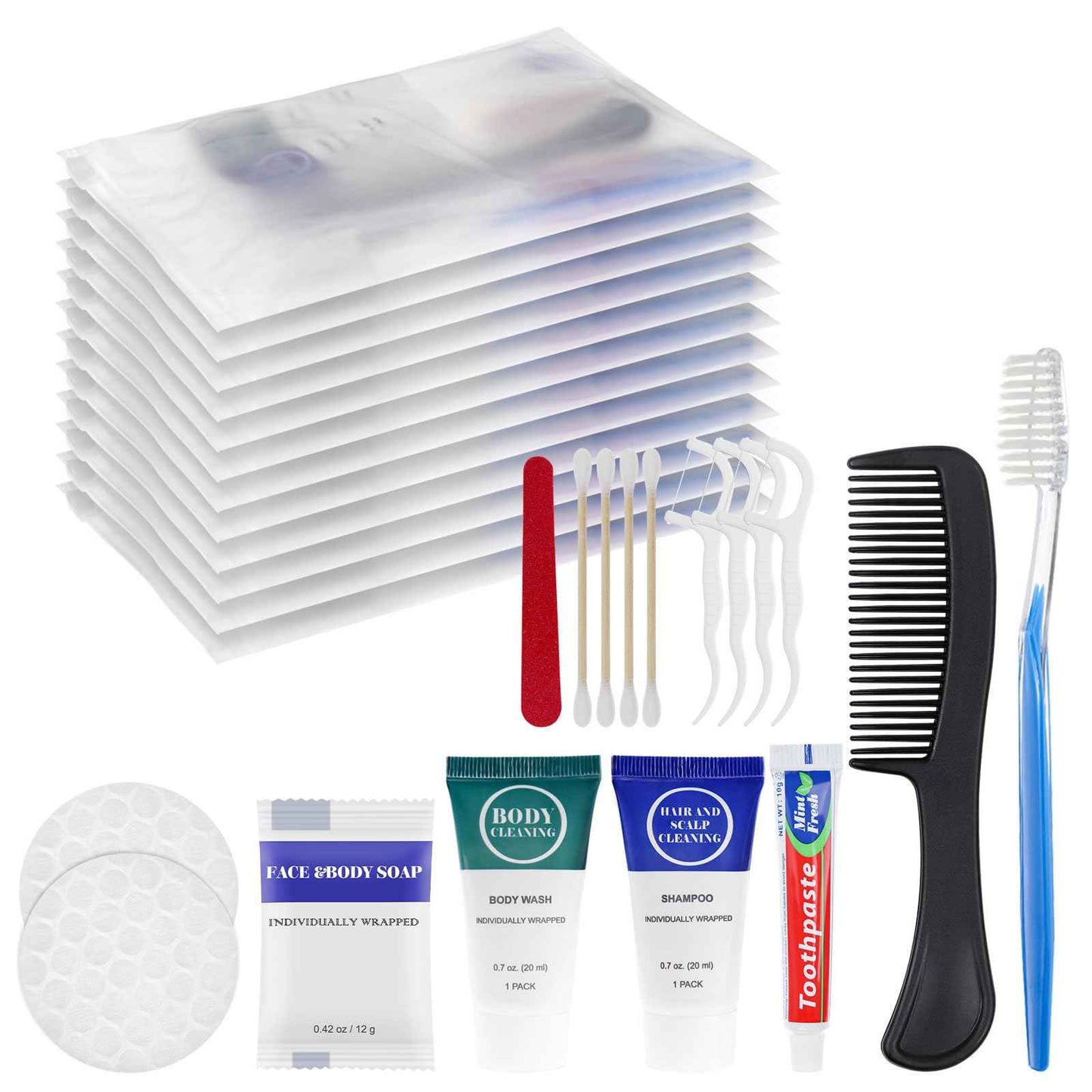 Toiletry Kits Travel Essentials Disposable Hygiene in Bulk, Trial Size Toiletries Supplies Individually Wrapped Traveling Personal Care Items, for Camping, Hotel, Homeless, Charity, 8-in-1 (20-Pack)