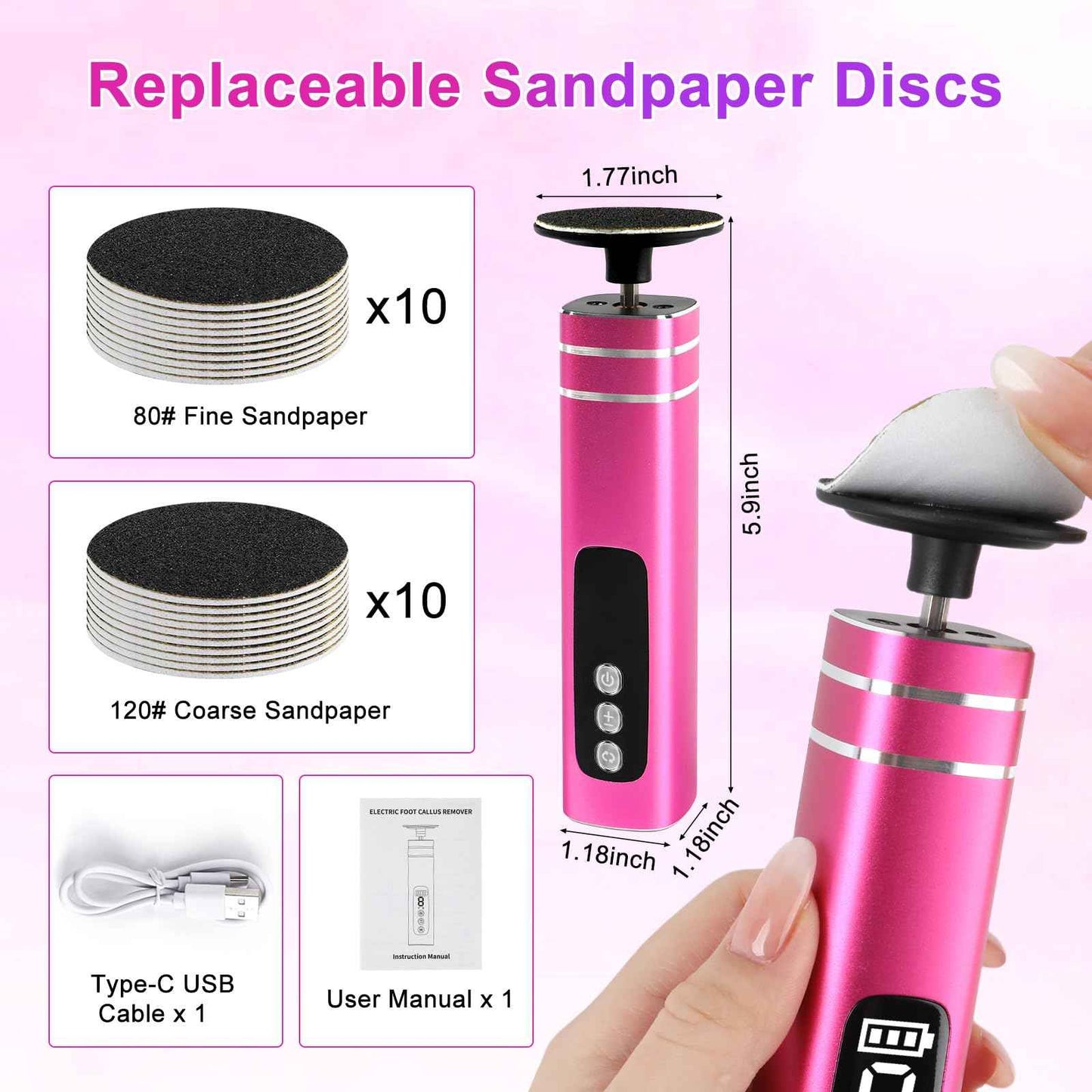 Electric Foot File, 2 in 1 Electric Foot Callus Remover, Adjustable 9 Speed Rechargeable Pedicure Foot Filer with LED Display, Replaceable Sandpaper Discs & Nail Bands (Rose Gold)