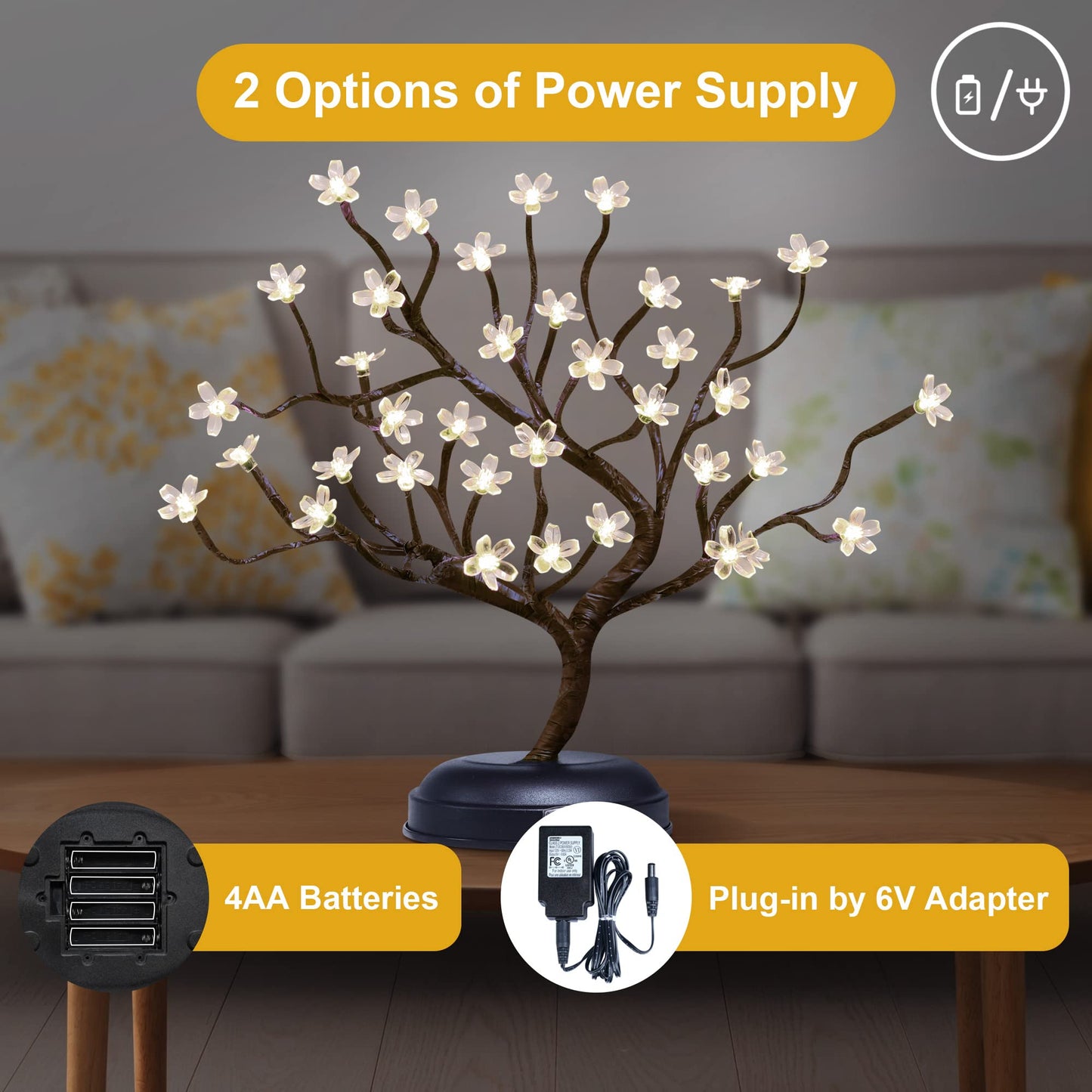 Lightshare 16Inch 36LED Cherry Blossom Bonsai Light, Warm White,Battery Powered and Plug-in DC Adapter (Included),Built-in Timer,Décor for Home,Festival,Party,Christmas,Night Light