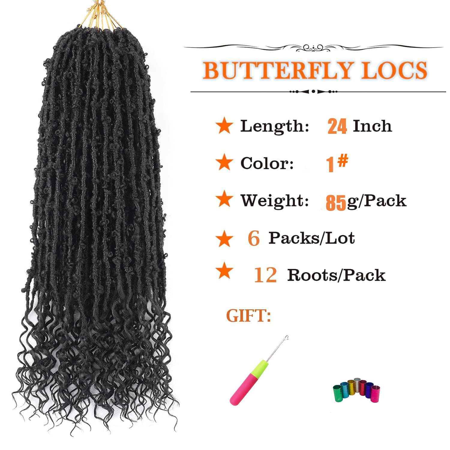 Butterfly Locs Goddess Locs Curly Ends 24 Inch Distressed Faux Locs Synthetic Crochet Hair For Black Women Hair Extensions (24 Inch, 6packs,1#)