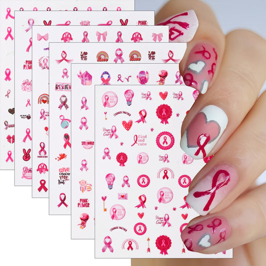 Breast Cancer Nail Art Stickers 3D Self-Adhesive Nail Decals Pink Ribbon Nail Stickers Heart Breast Cancer Awareness Nail Design Stickers Nail Supplies for Women Girls DIY Manicure Decoration 6Sheets