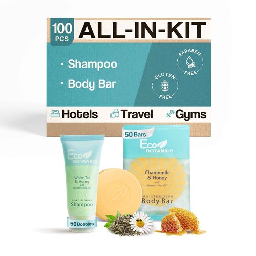 Eco Botanics Hotel Soaps & Toiletries Bulk Set | 1-Shoppe Amenities Kit for Hotels & Vacation Rentals | 0.85 oz Conditioning Shampoo & 0.89 oz Bar Soap | 100 Pieces