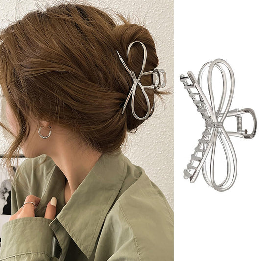 Bow Hair Clips and Claws - Large Metal Silver Bowknot Nonslip Jaw Clips with Strong Hold for Thick or Thin Hair Styling Accessories