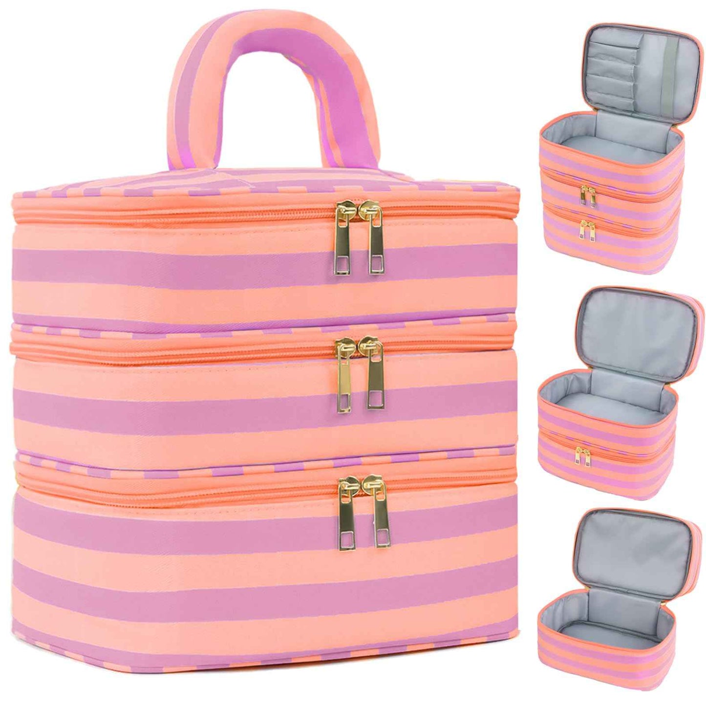 Apxouans Three Layer Makeup Bag for Women Fashion Stripes Cosmetic Bag Preppy Style Travel Water-Resistant Toiletry Bag for Storage Toiletries Cosmetics Sets for Women Teen Girls Purple