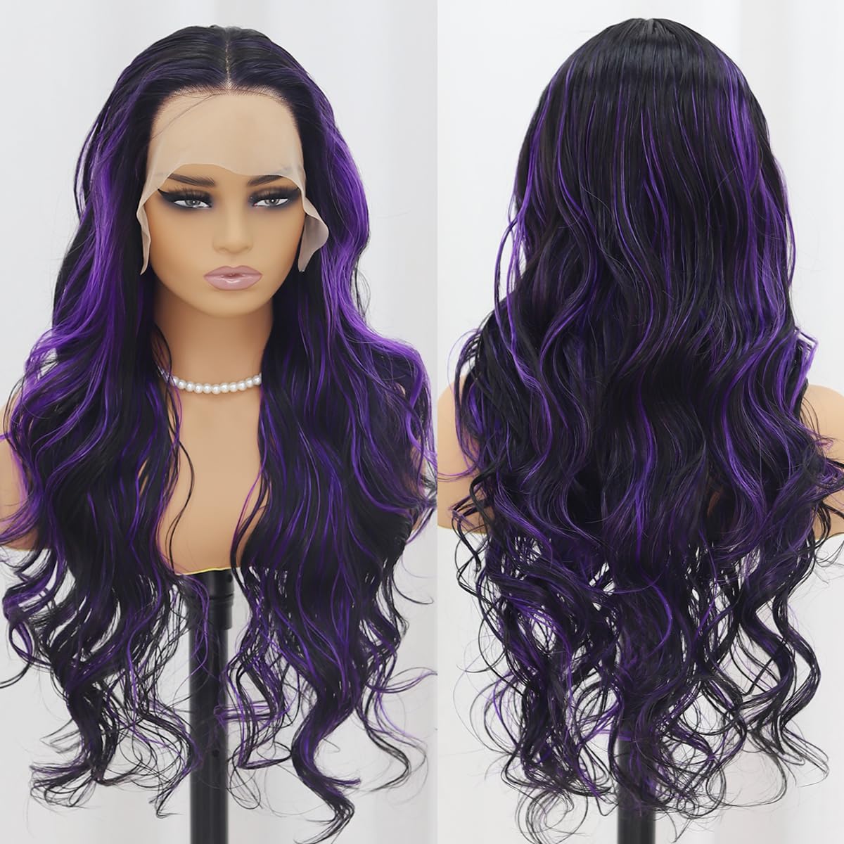 SISIFIRE Purple Highlight Lace Front Wig Pre-plucked Hairline Synthetic Heat Resistant Fiber Lace Front Wigs for Women Glueless 13X4 Inch Long Loose Curly Wavy Wigs