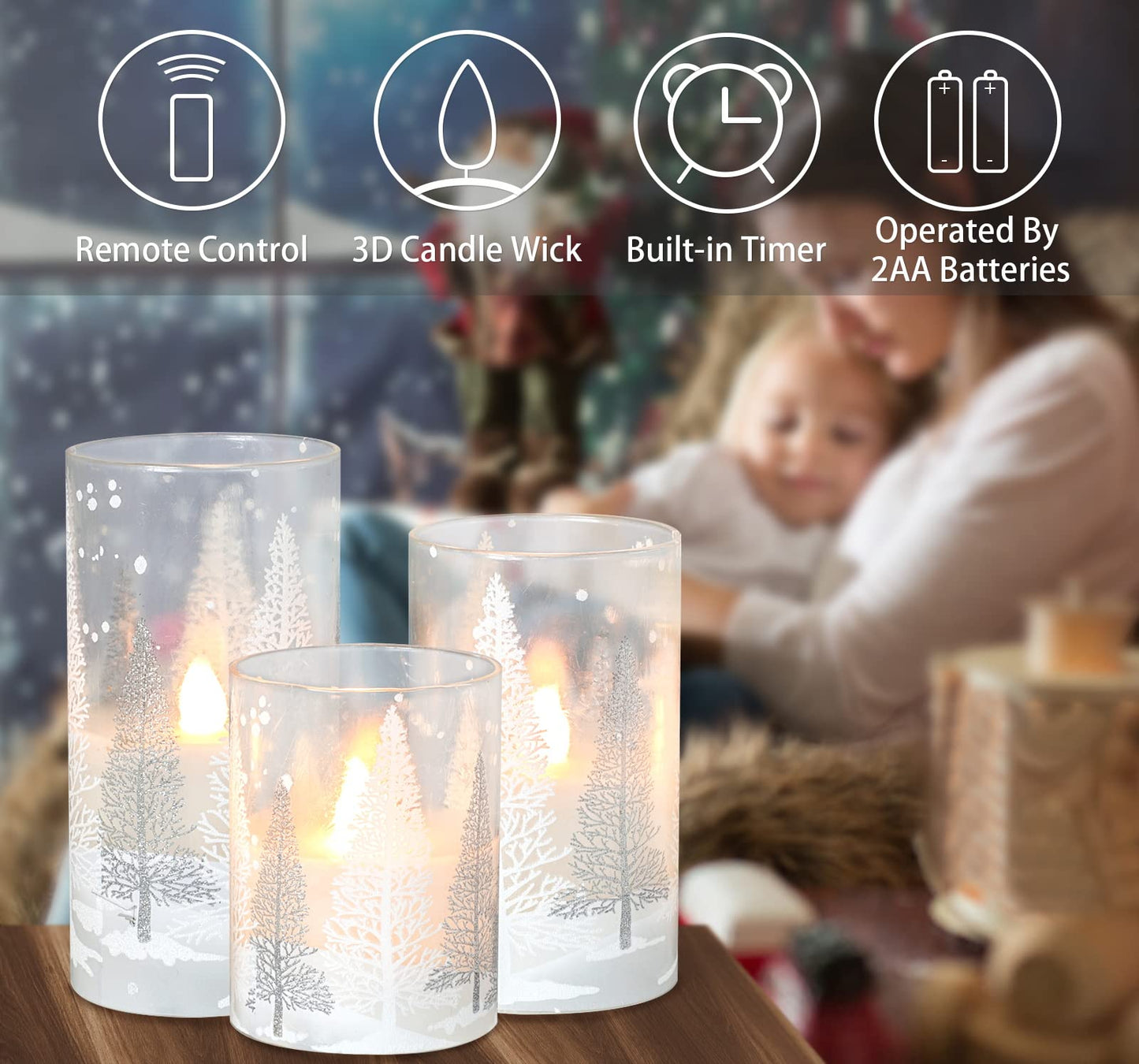 PETRISTRIKE Christmas Flameless Candles with Timer, Holiday Led Glass Candles, Flickering Battery Operated Pillar Candles for Christmas Home Decorations