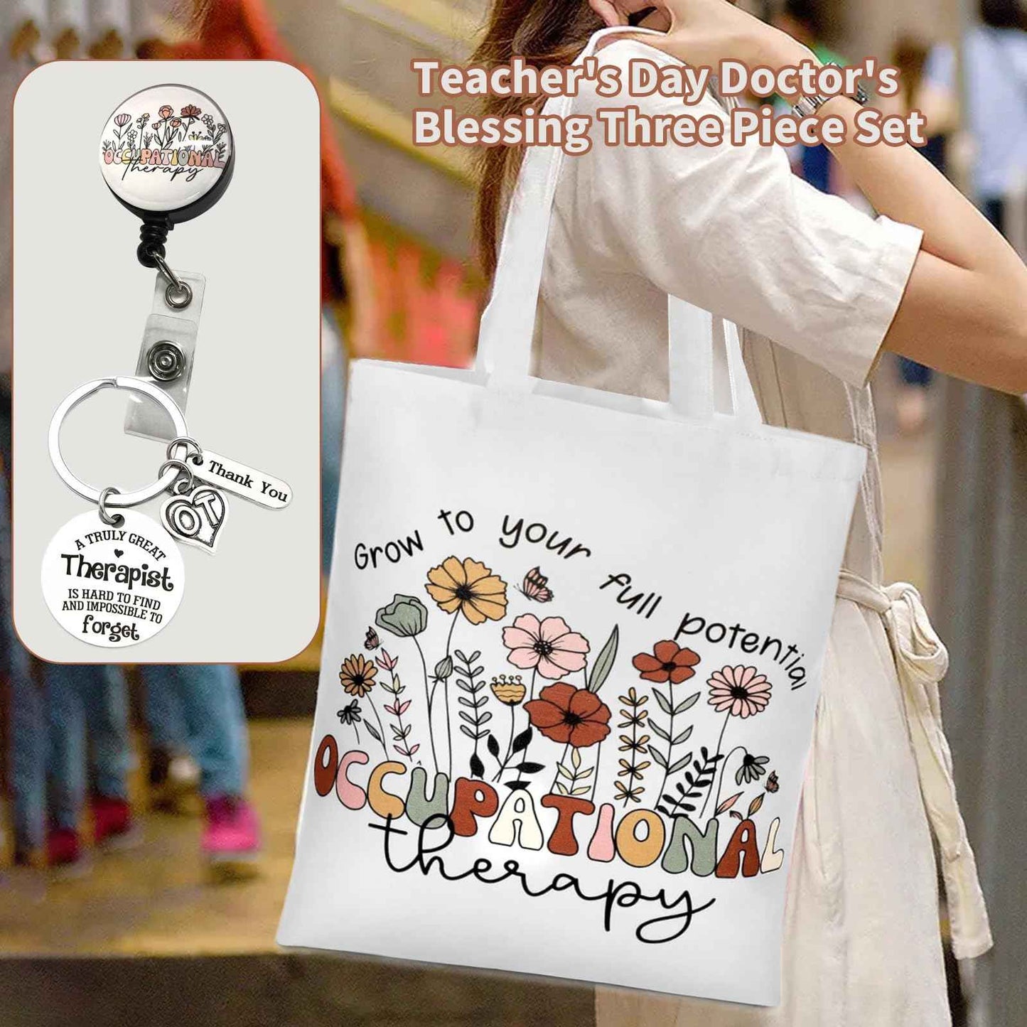 Occupational Therapy Gifts, Occupational Therapy Bag, 4 Pcs That Can Be Given to Professional Medical Practitioner, Including Tote Bag, Makeup Bag, Key Chain and Badge Holder to Show Your Appreciation
