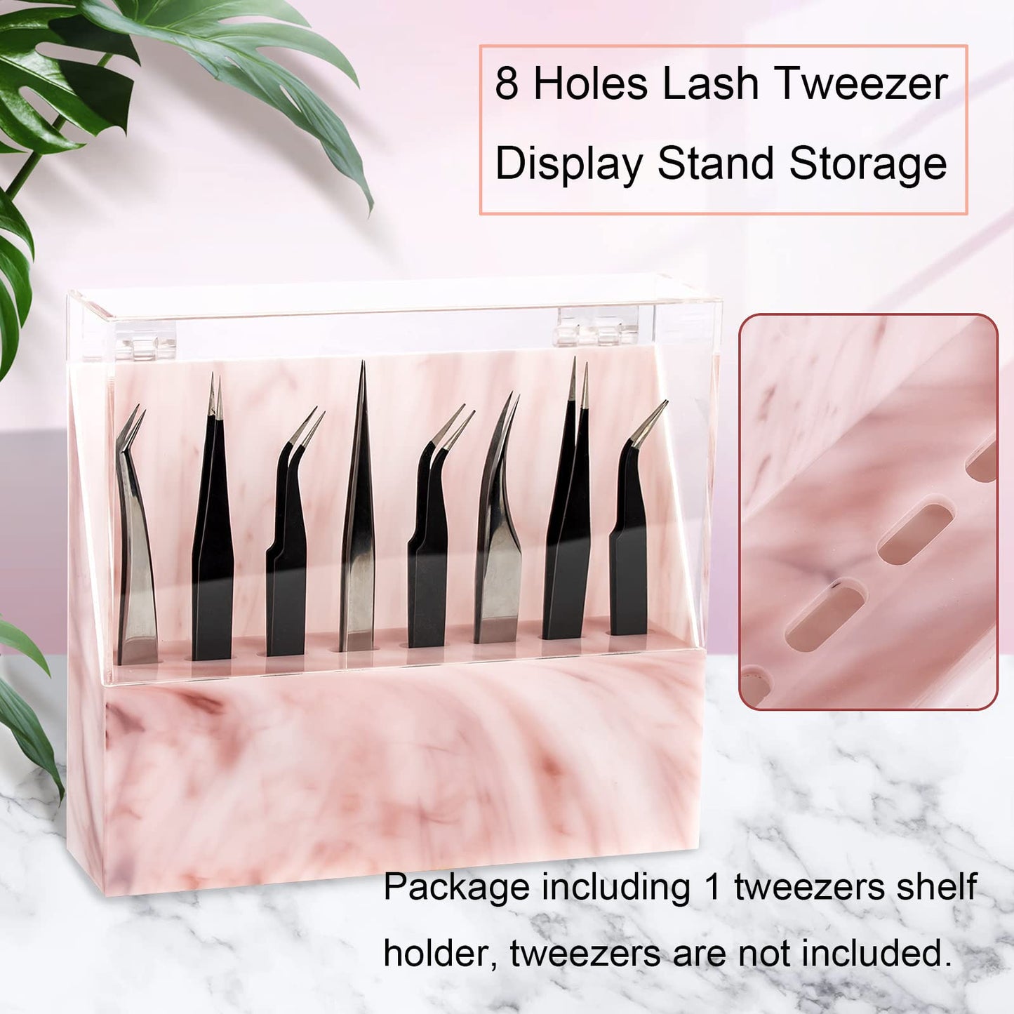 LXIANGN 8 Holes Dust-proof Eyelash Tweezers Holder Case Acrylic Marble Tweezer Stand Display Organizer with Cover for Lash Extensions (pink)