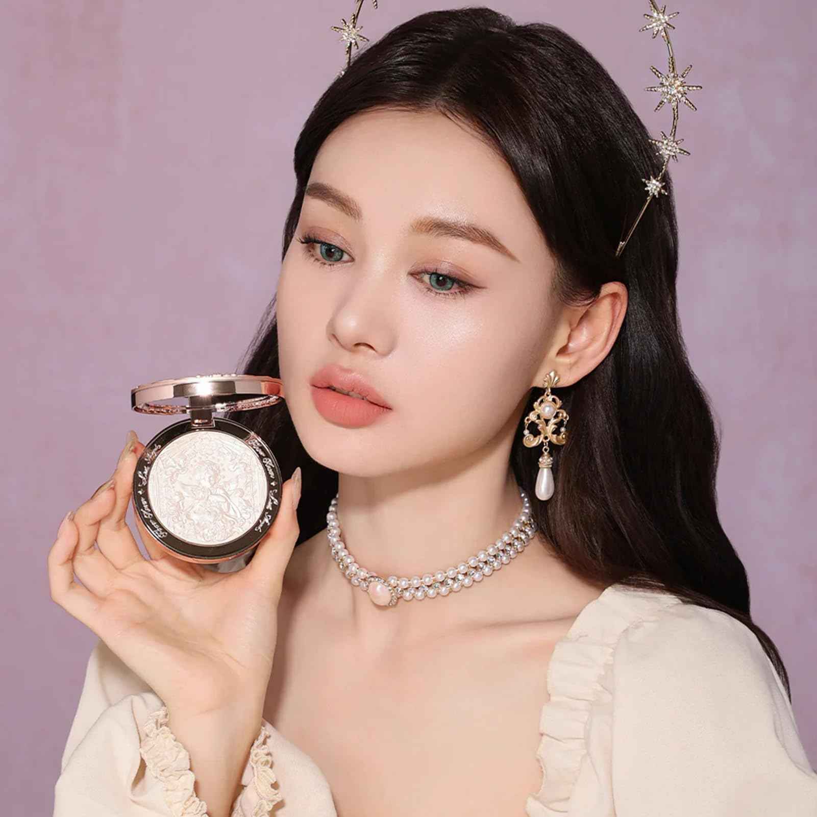 Flower Knows Little Angel Embossed Highlighter - Moonlight White Highlighter Powder,Long-Lasting Moonlight Glow,Creamy White&Subtle Warm Shimmer,Velvet & Weightless Finish(L03 Chanting Anthem)