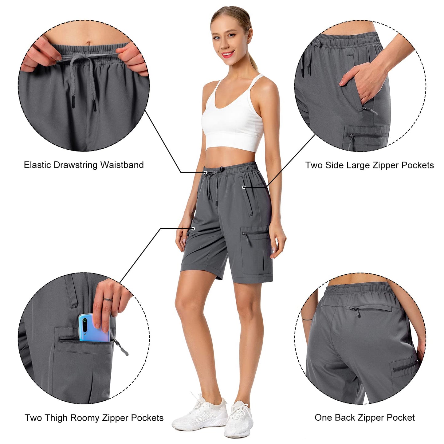 Women's Lightweight Hiking Cargo Shorts Quick Dry Athletic Shorts for Camping Travel Golf with Zipper Pockets Water Resistant Dark Grey